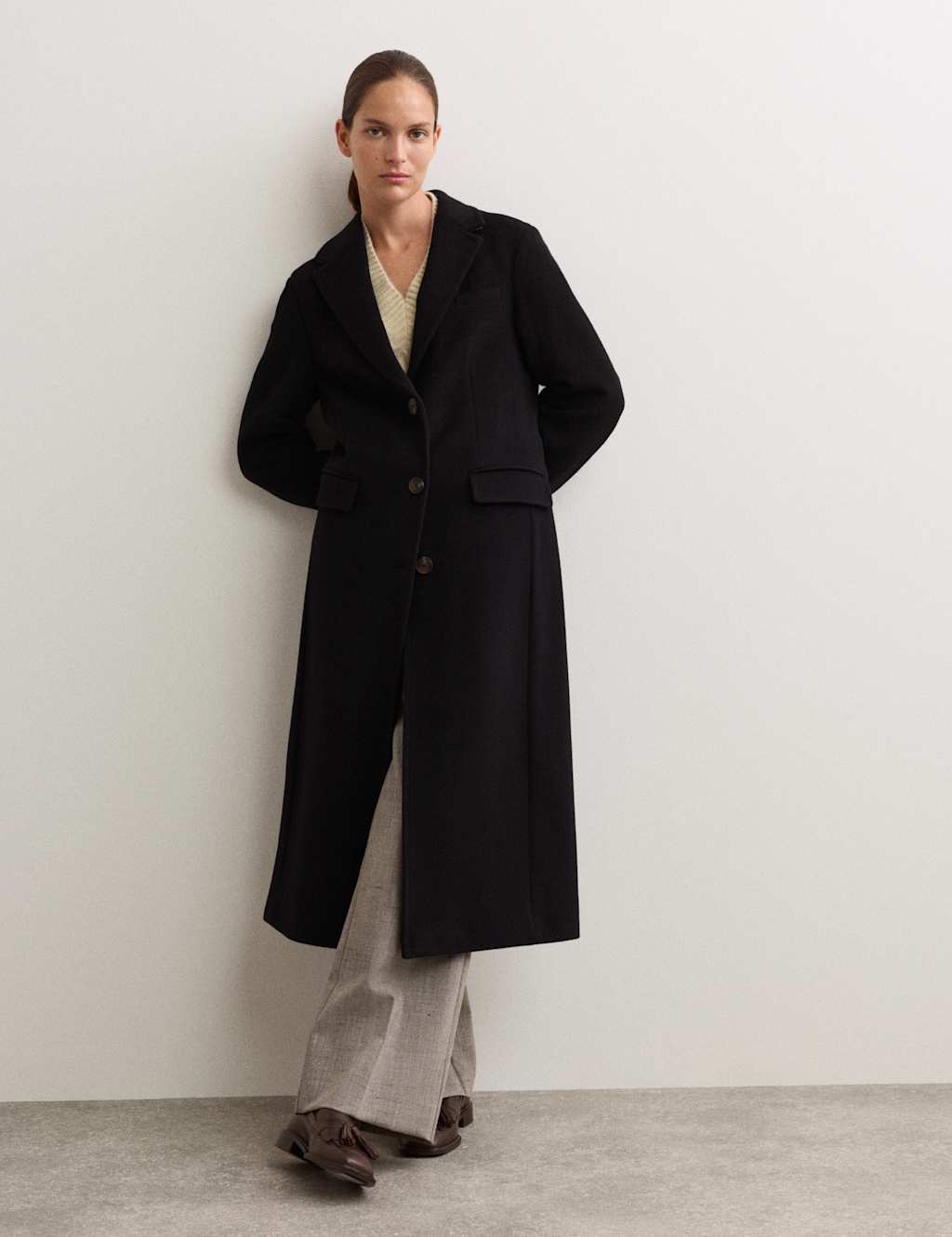 JAEGER Longline Pure Wool Boyfriend Coat Black