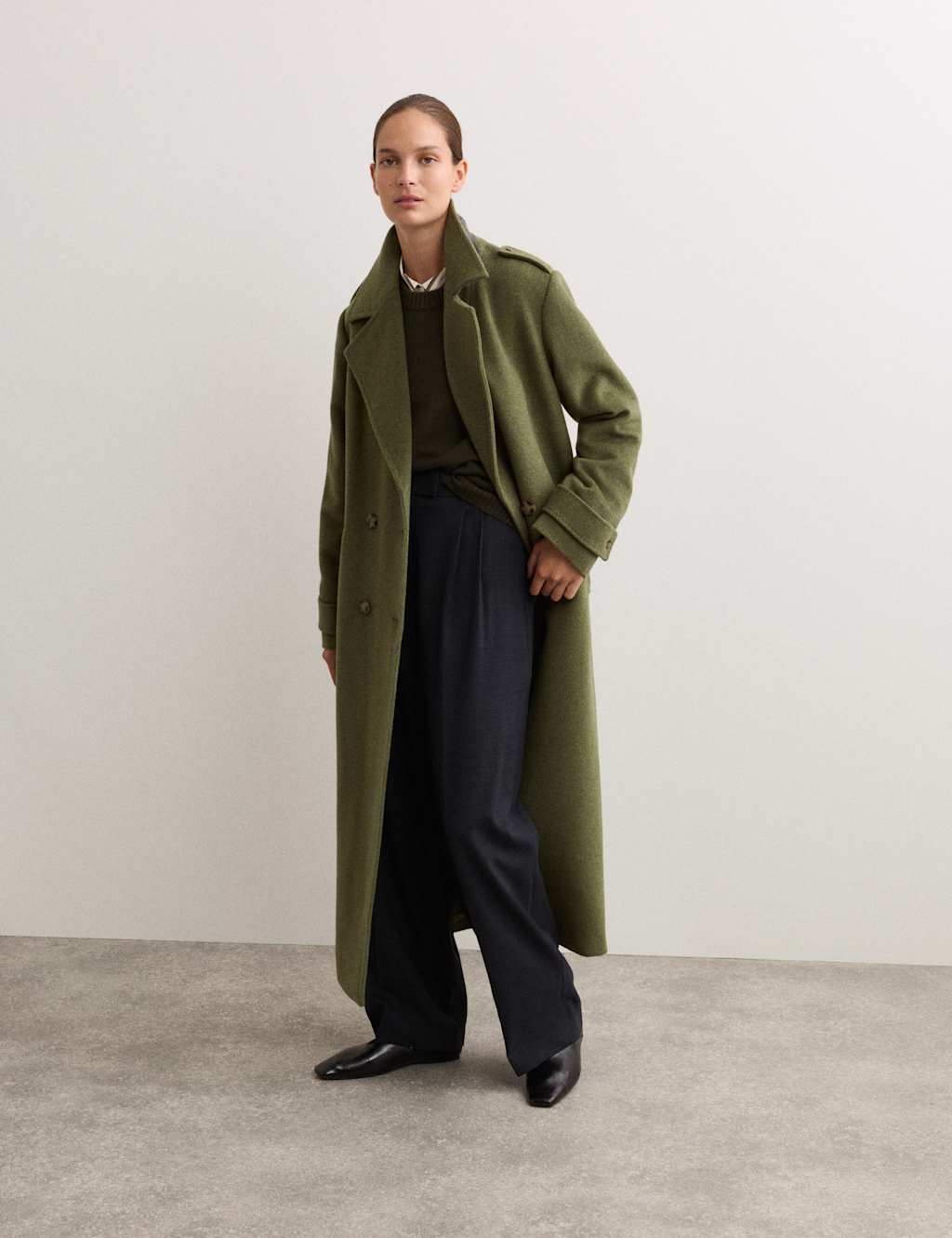JAEGER Pure Wool Belted Longline Wrap Coat Green Marl