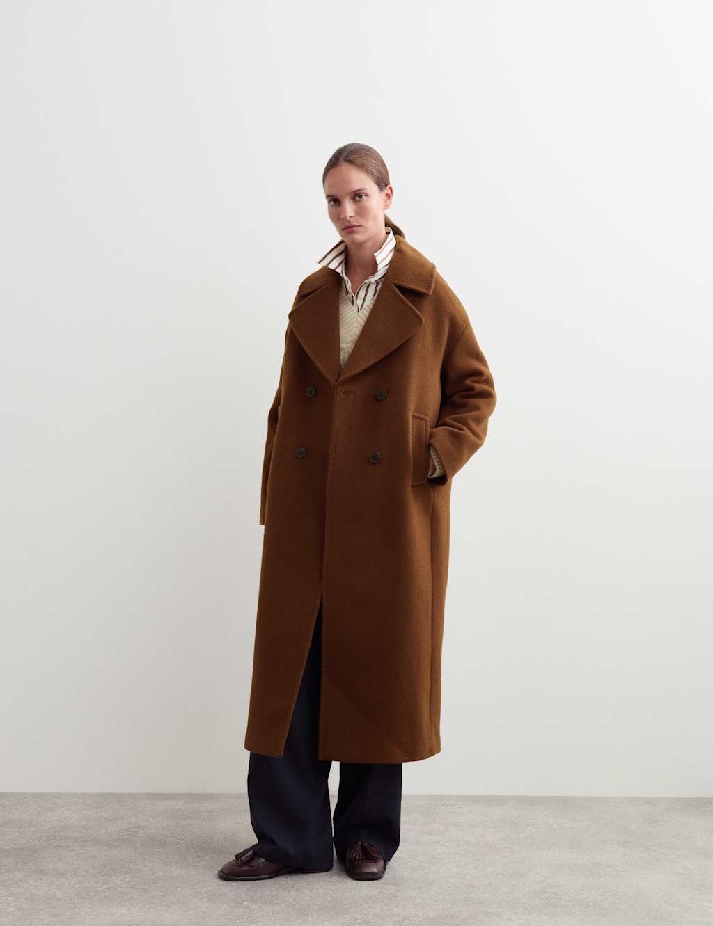 JAEGER Pure Wool Relaxed Longline Cocoon Coat Cognac