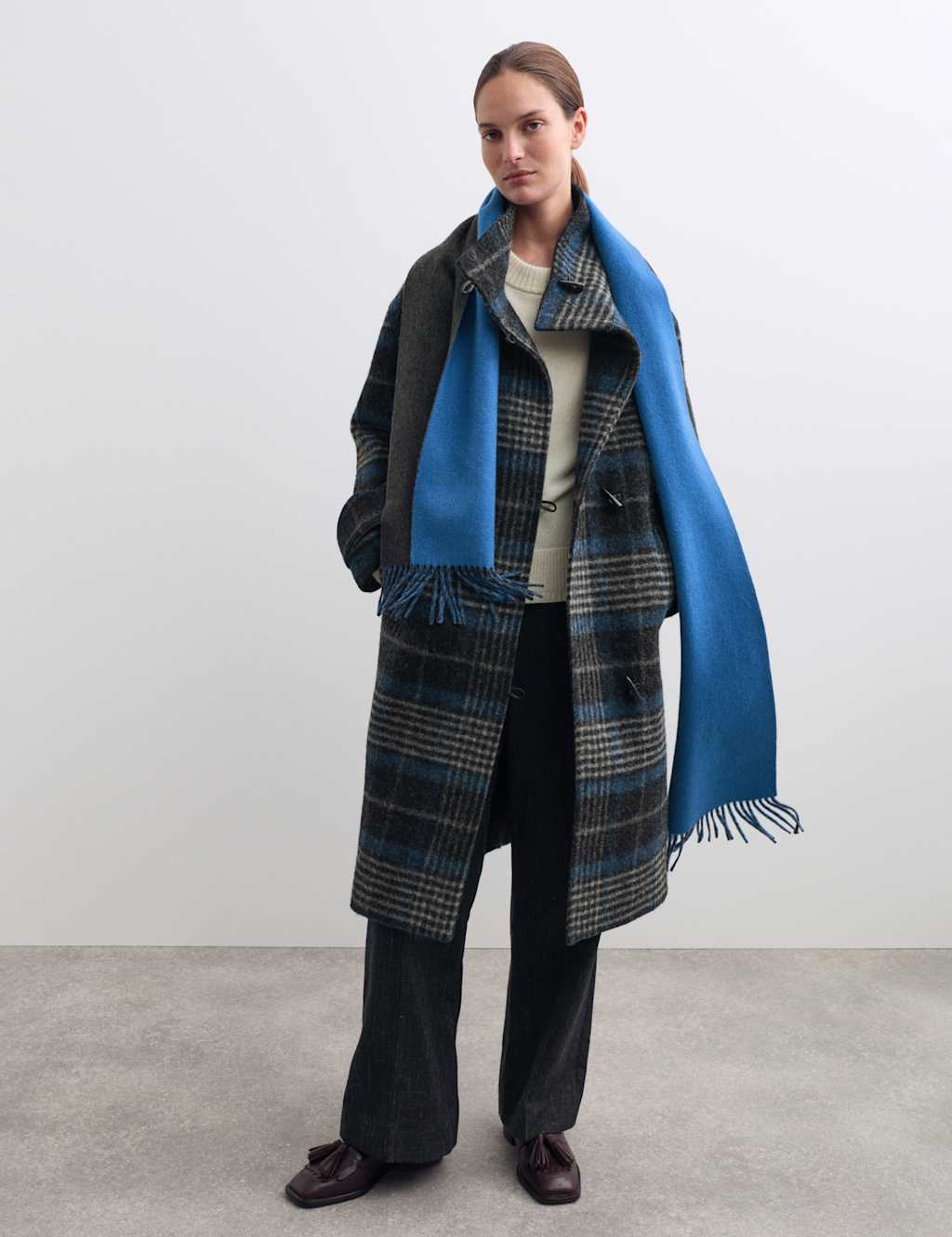 JAEGER Pure Wool Checked Funnel Neck Duffle Coat Blue Mix