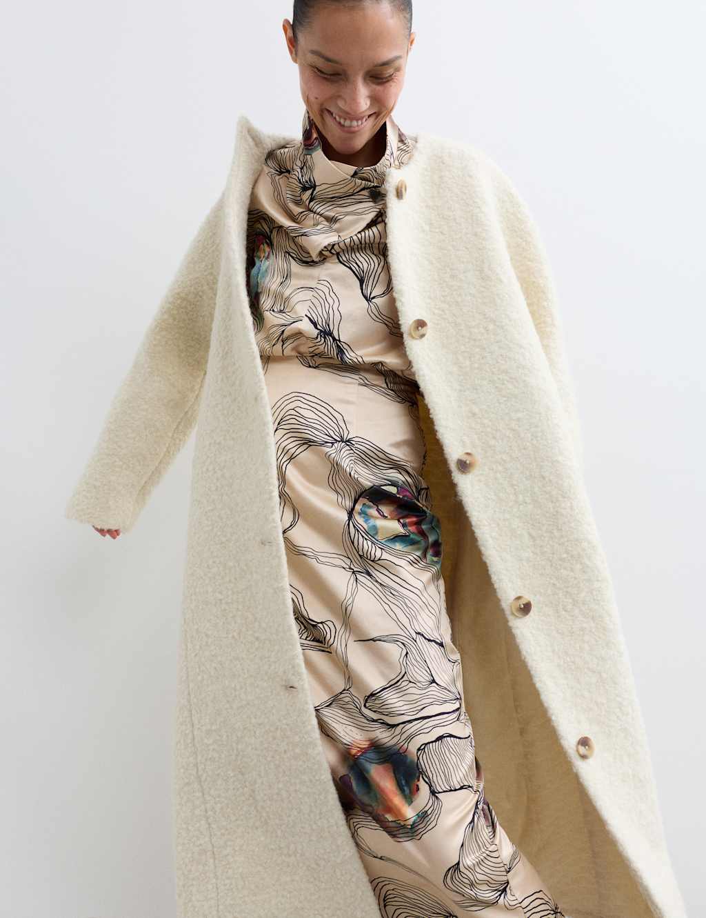 JAEGER Wool Rich Boucl Collarless Coat with Mohair Ivory