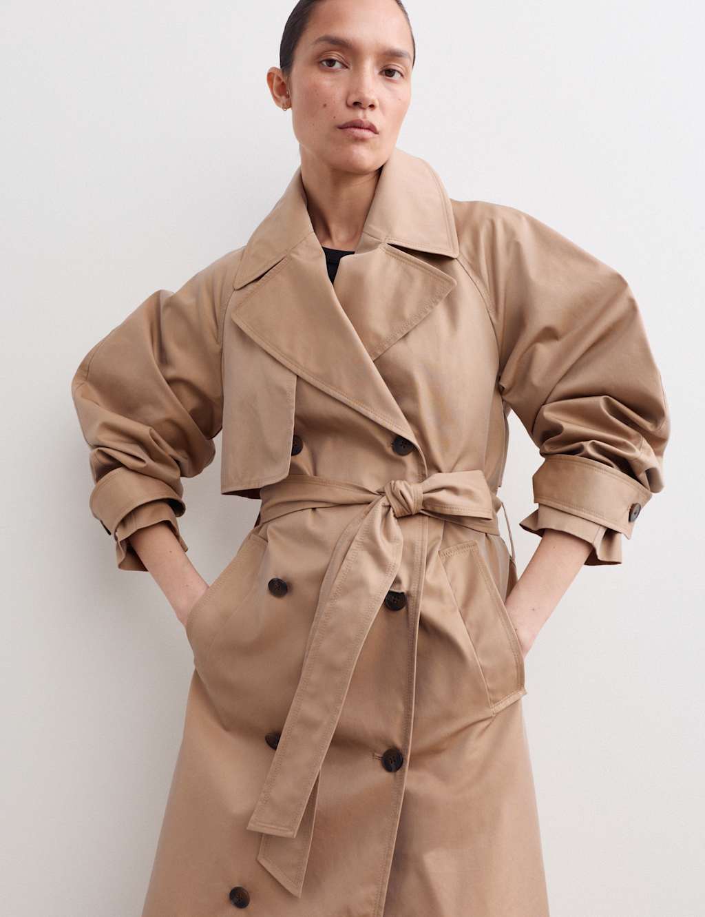 Jaeger Women's Cotton Rich Barrel Sleeve Trench Coat - 14 - Camel - By M&S