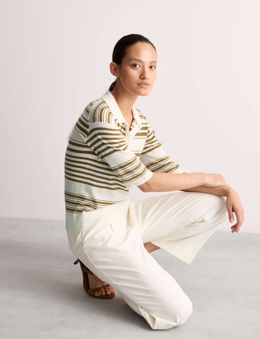JAEGER Pure Merino Wool Collared Knitted Top Ivory Mix