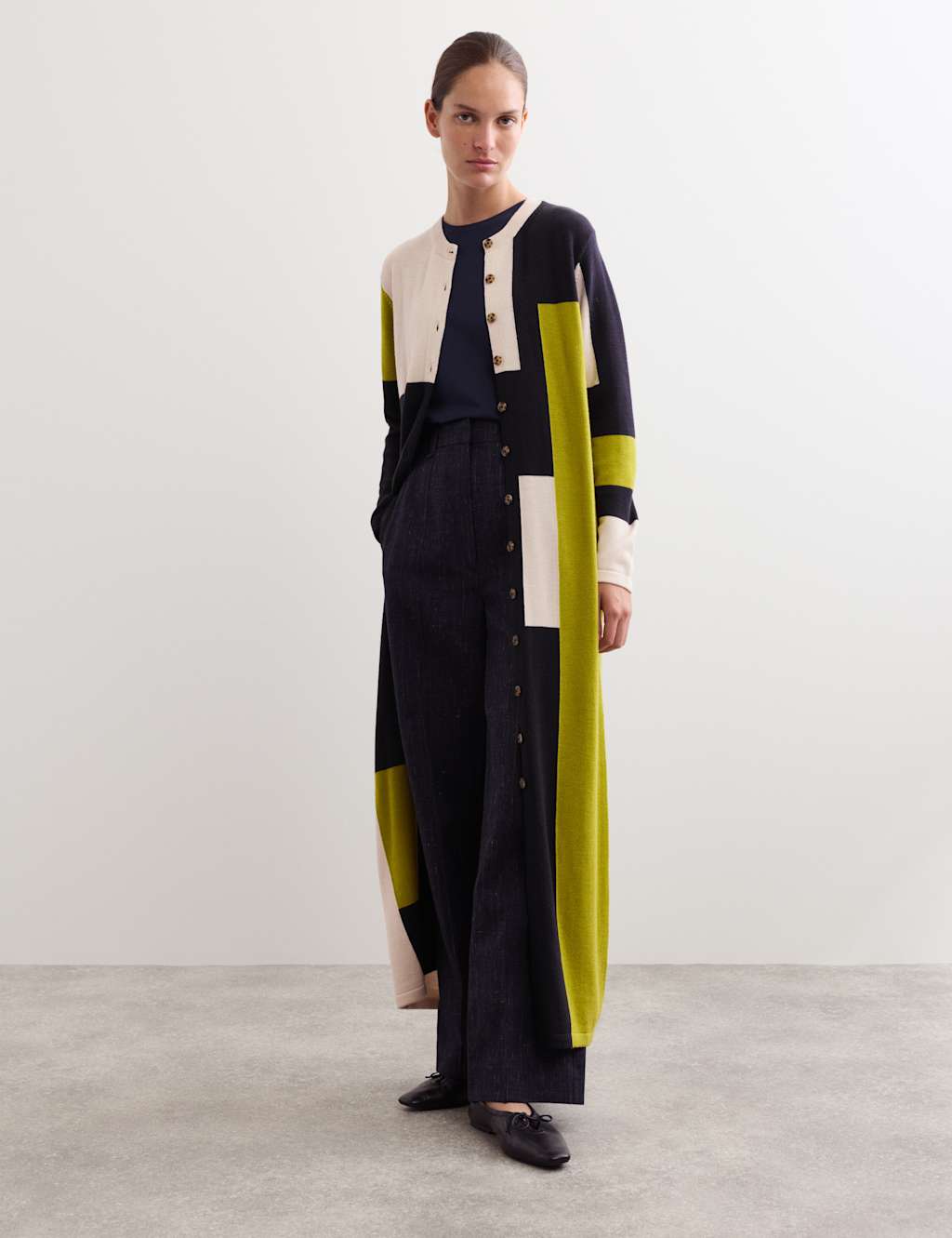 JAEGER Merino Wool Colour Block Longline Cardigan Black Mix