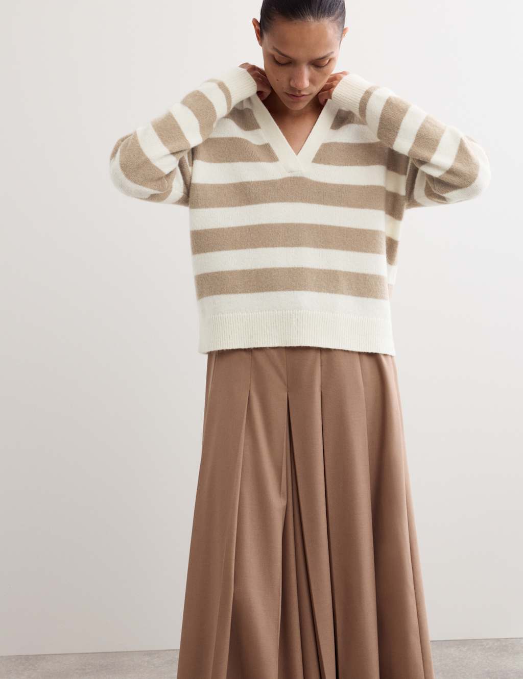 JAEGER Mohair Wool Blend Striped Collared Jumper Camel Mix