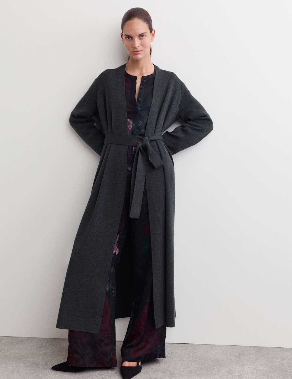 JAEGER Pure Merino Wool Wrap Longline Cardigan Charcoal
