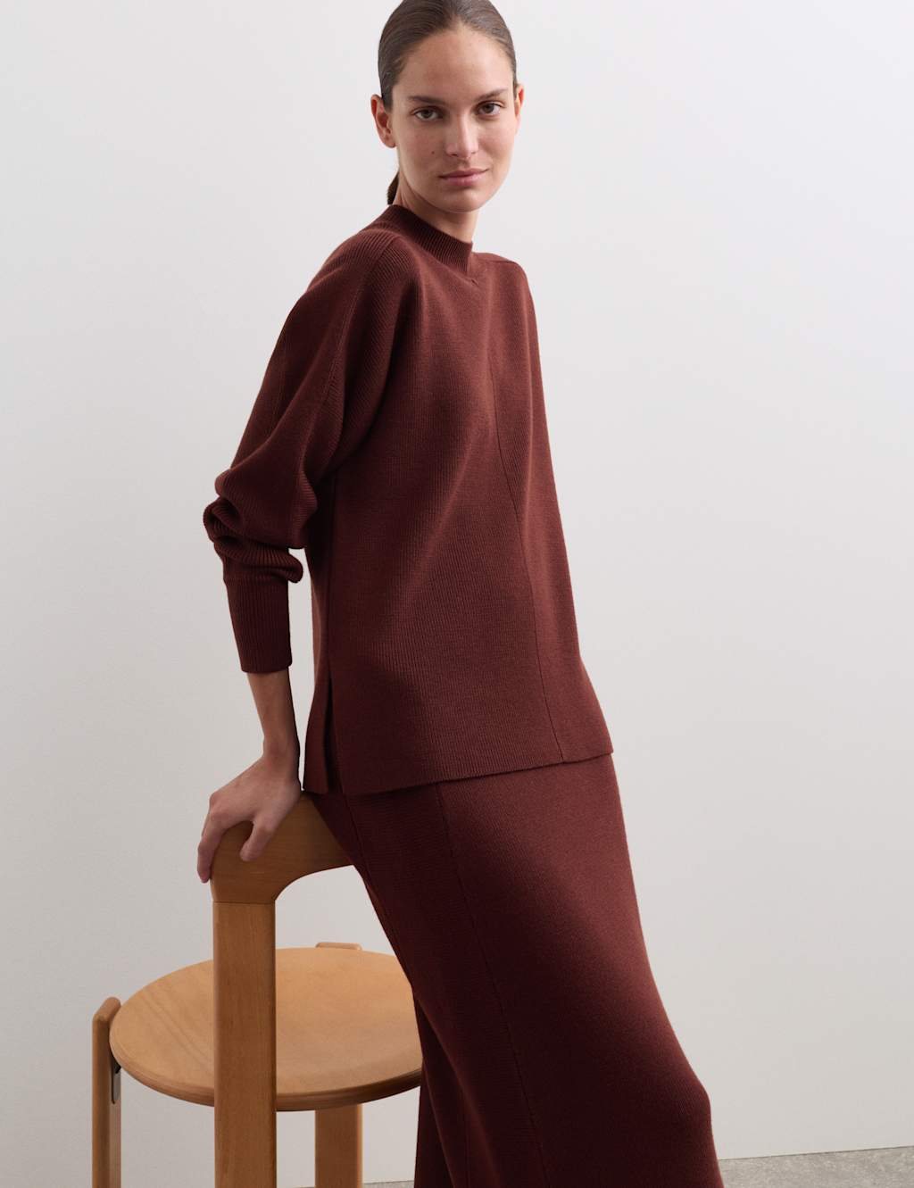 JAEGER Pure Merino Wool Ribbed Funnel Neck Jumper Bitter Chocolate