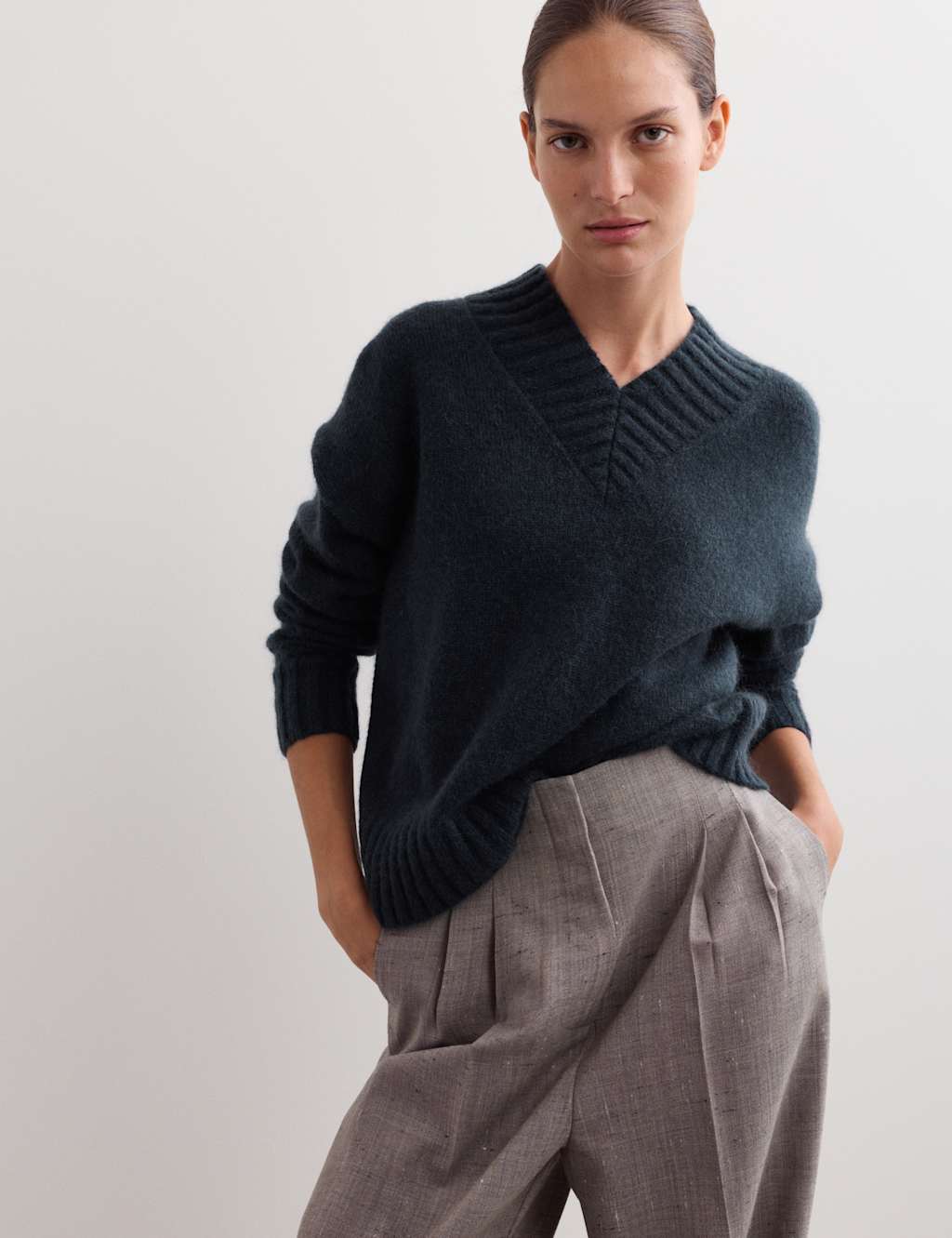 JAEGER Mohair Blend V-Neck Jumper Navy Marl