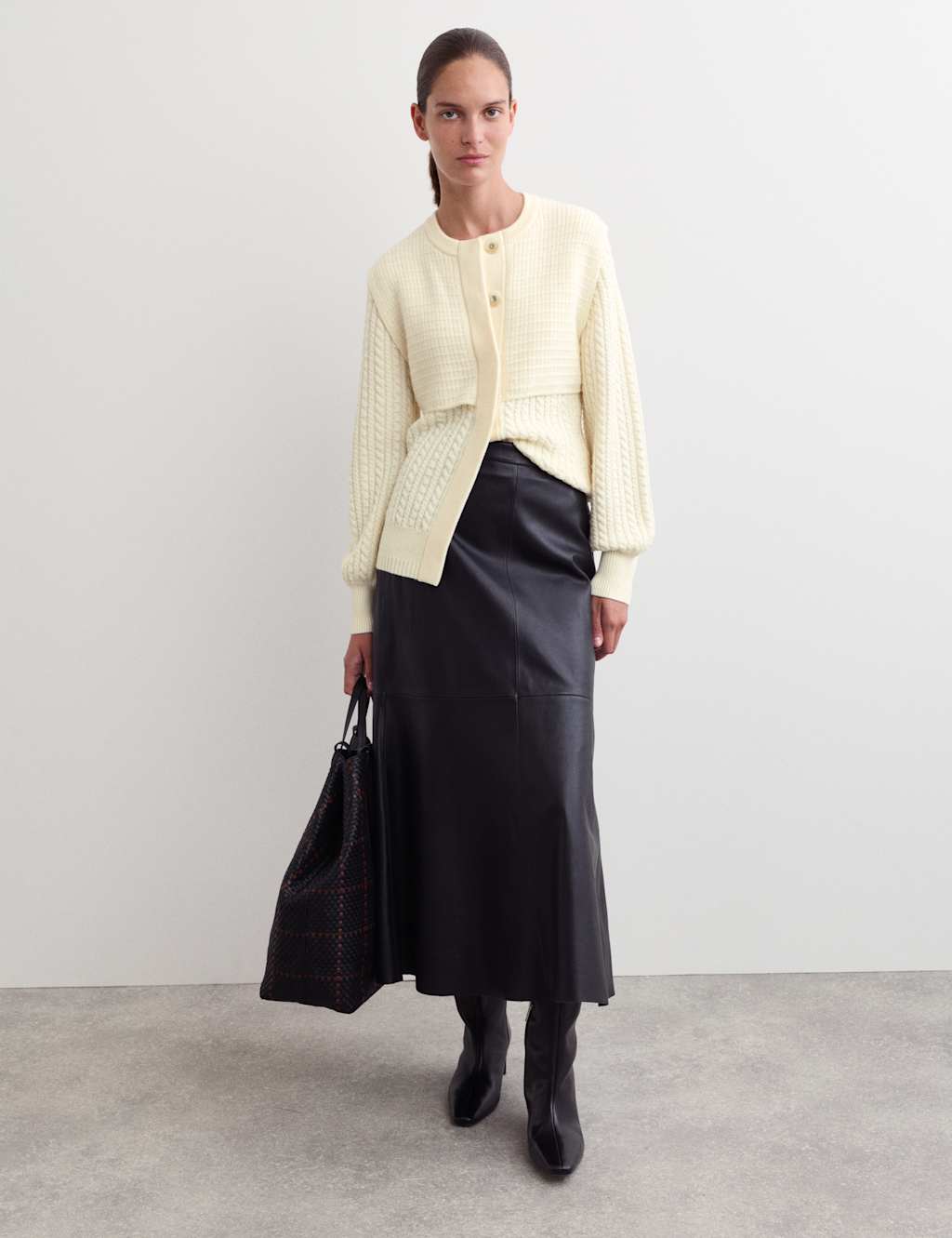 JAEGER Pure Merino Wool Cable Knit Cardigan Ivory