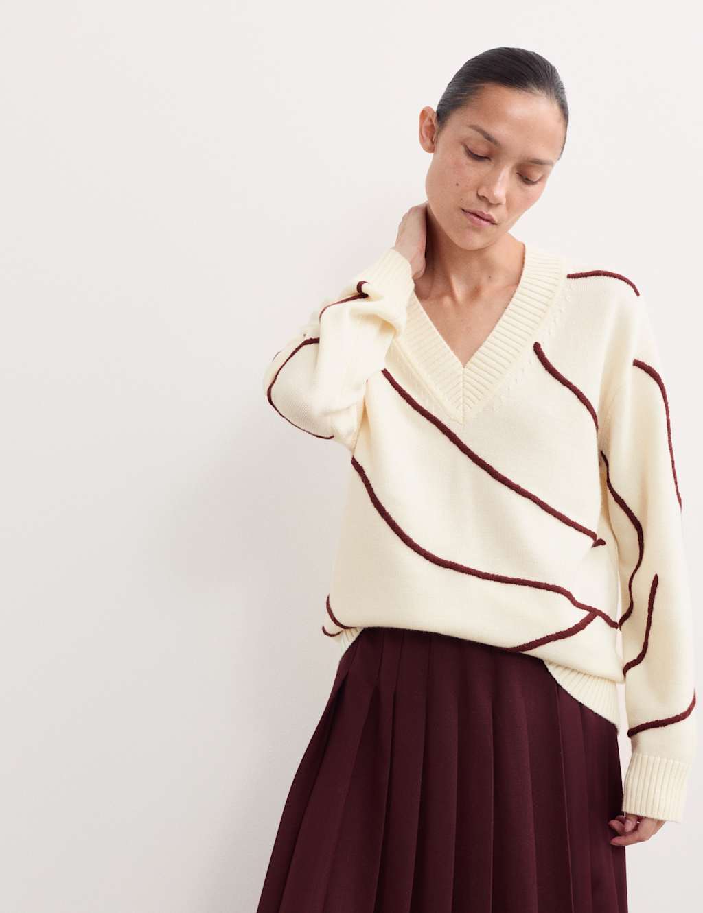 JAEGER Merino Wool Embroidered Stripe V-Neck Jumper Ivory Mix