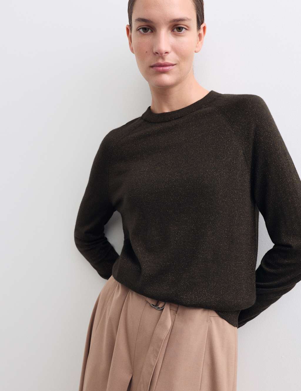JAEGER Merino Wool Rich Metallic Relaxed Jumper Bronze Mix