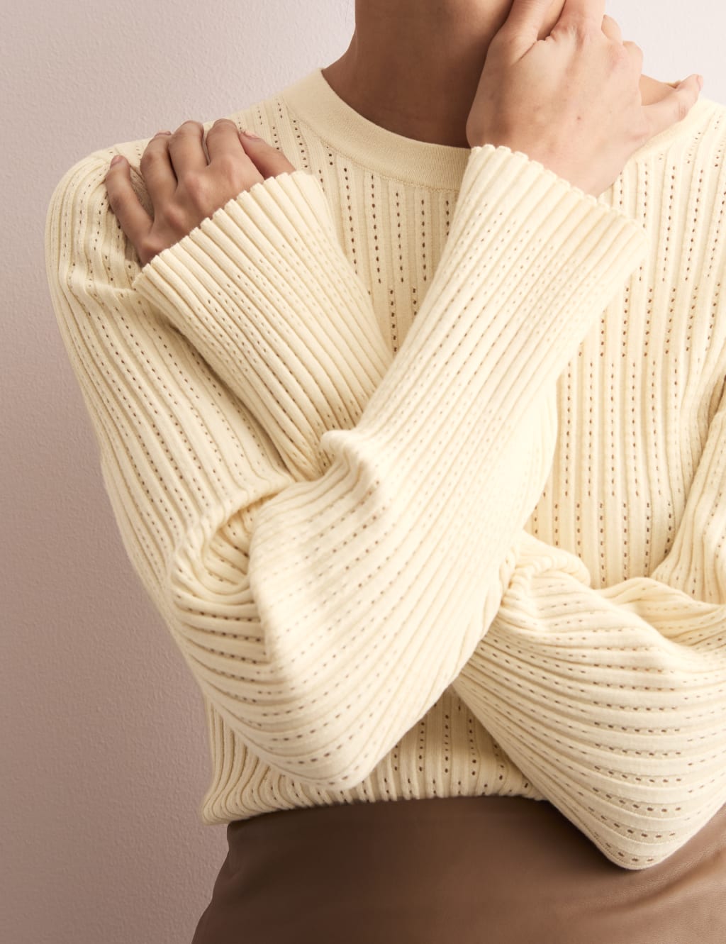 Cotton Rich Pointelle Fitted Knitted Top