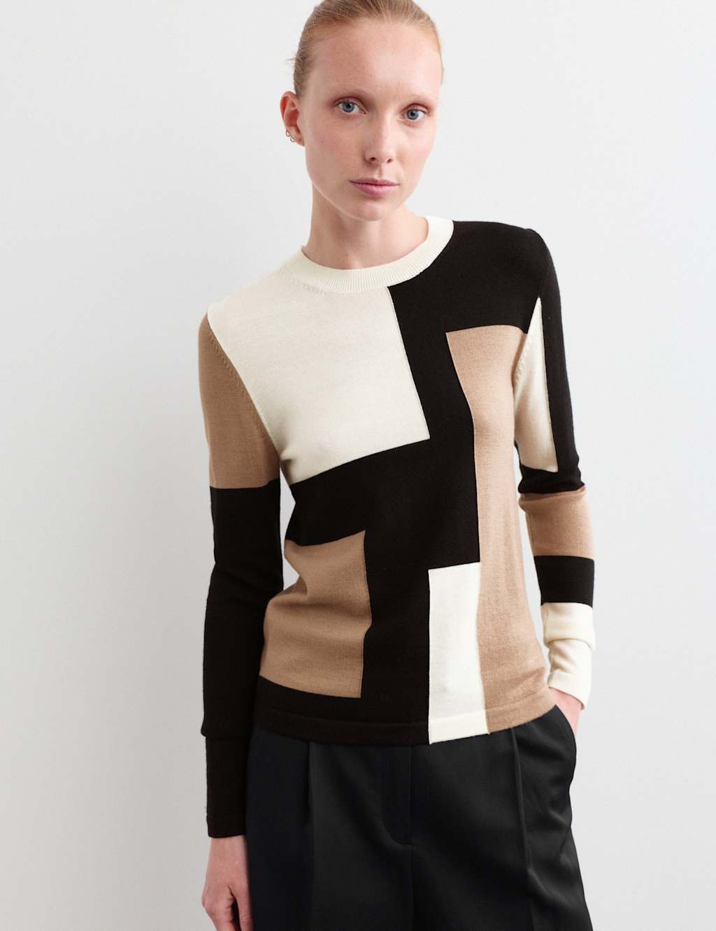 Jaeger Women's Pure Merino Wool Colour Block Jumper - Small - Camel Mix - By M&S