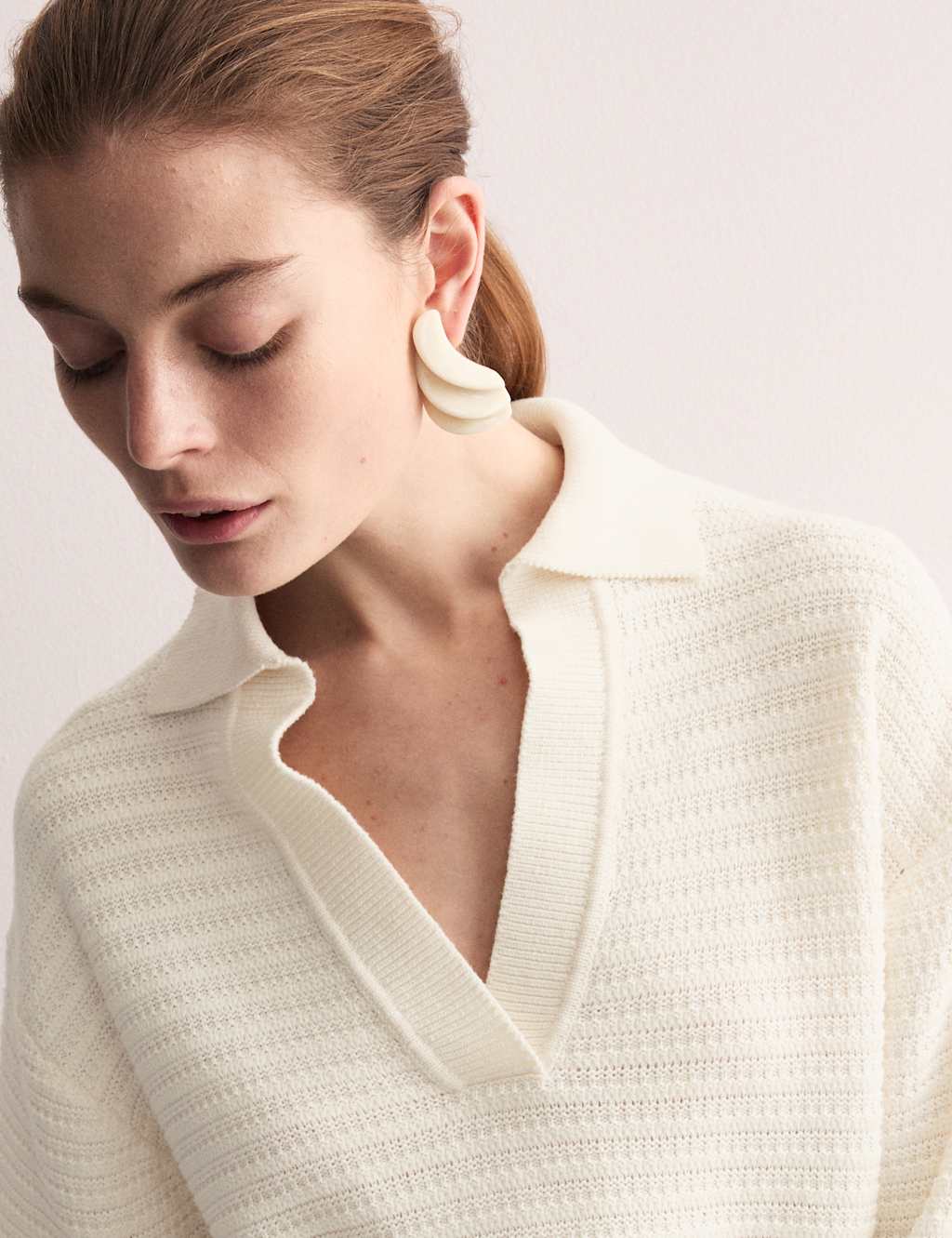 Pure Cotton Textured Collared Relaxed Jumper