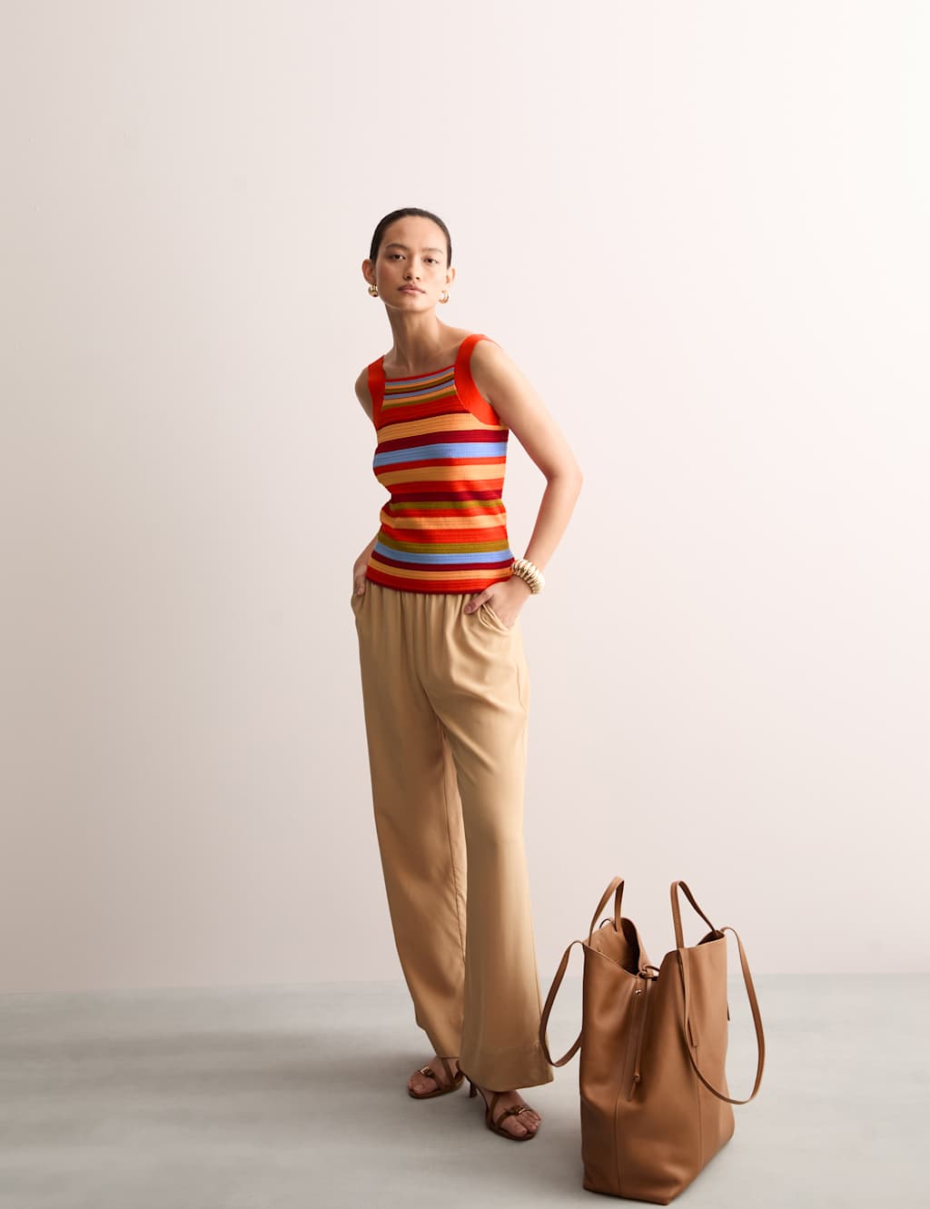 JAEGER Cotton Blend Knitted Striped Co-ord Vest Multi