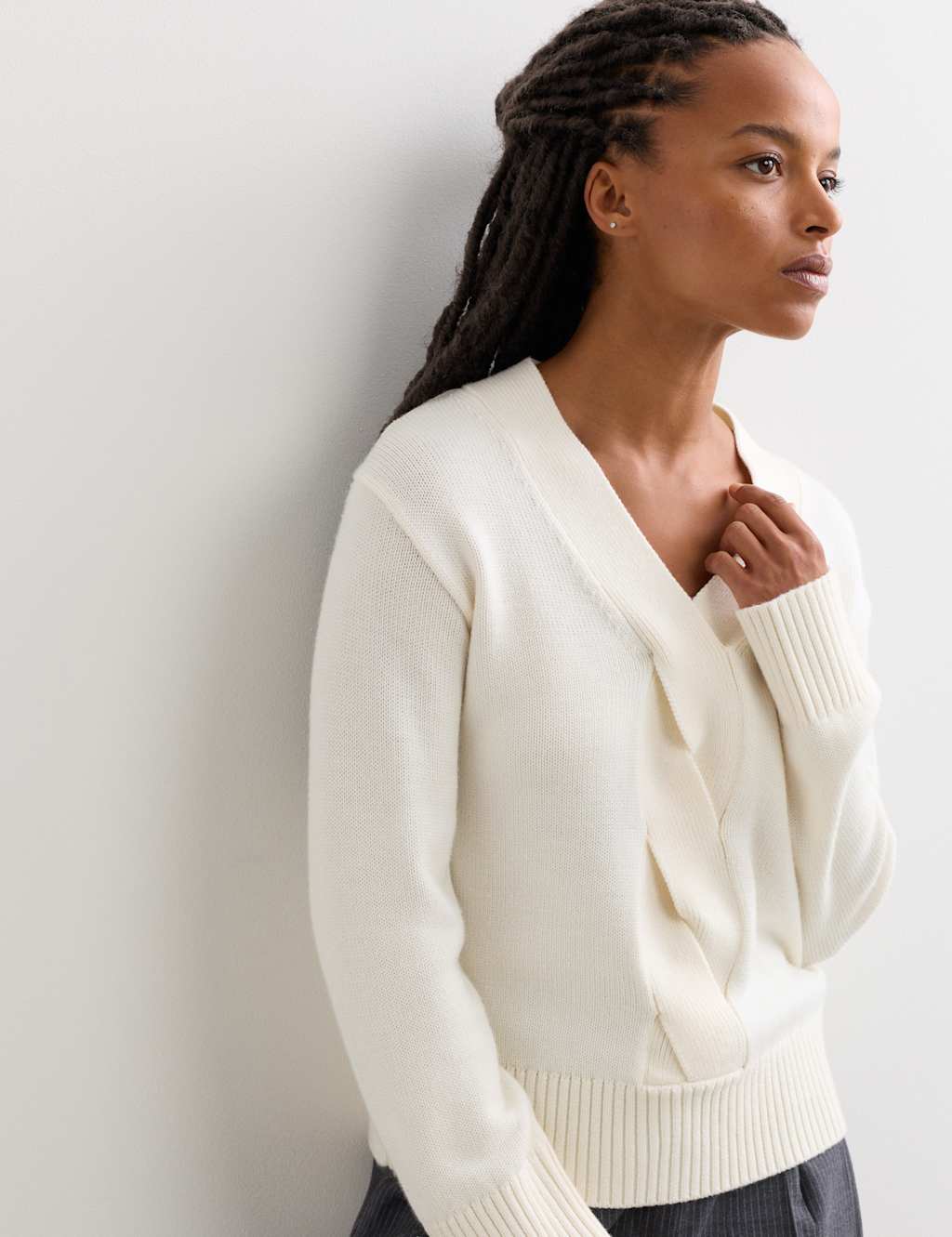 Jaeger Women's Pure Merino Wool V-Neck Twist Jumper - Large - Ivory - By M&S