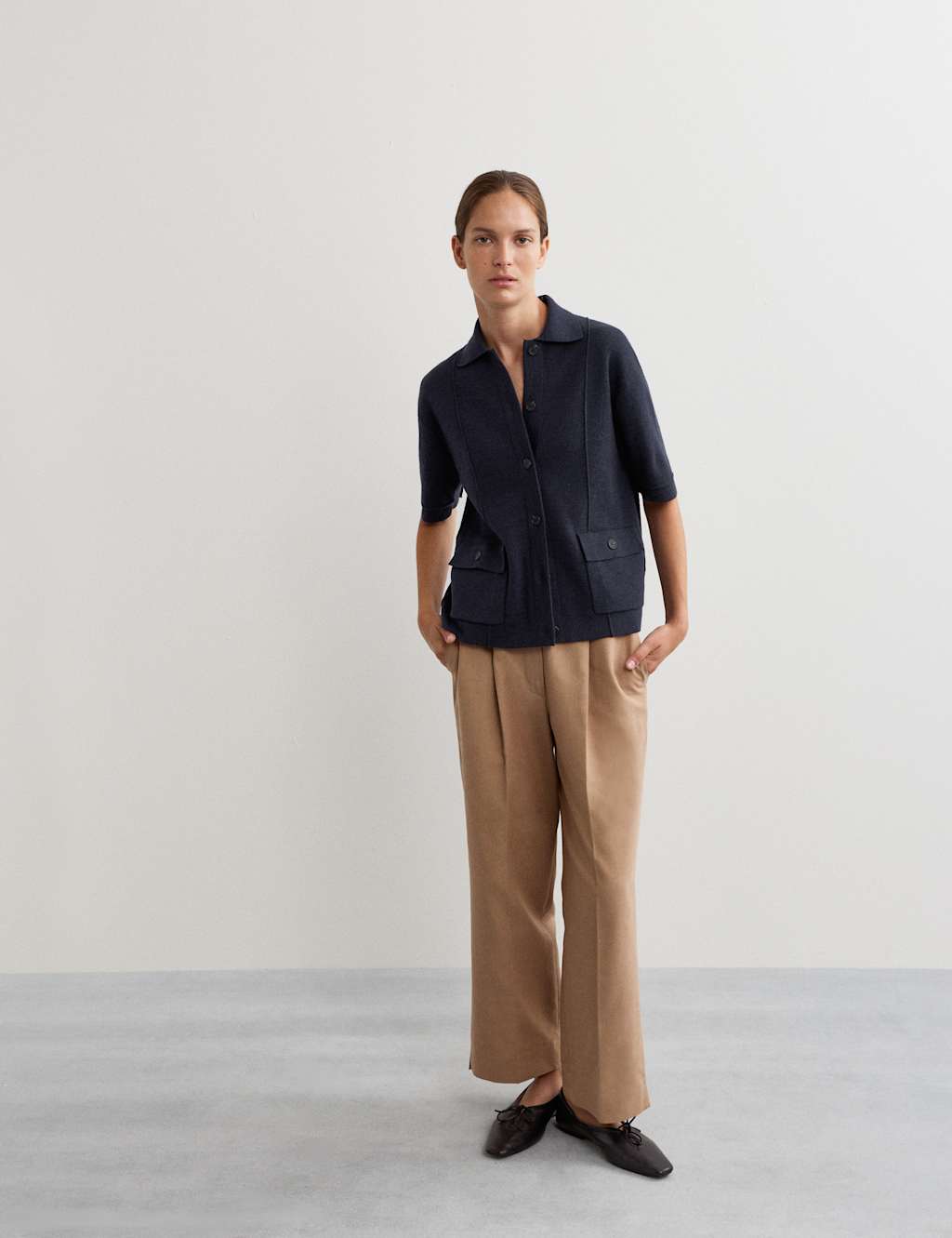 JAEGER Pure Merino Wool Collared Cardigan Navy