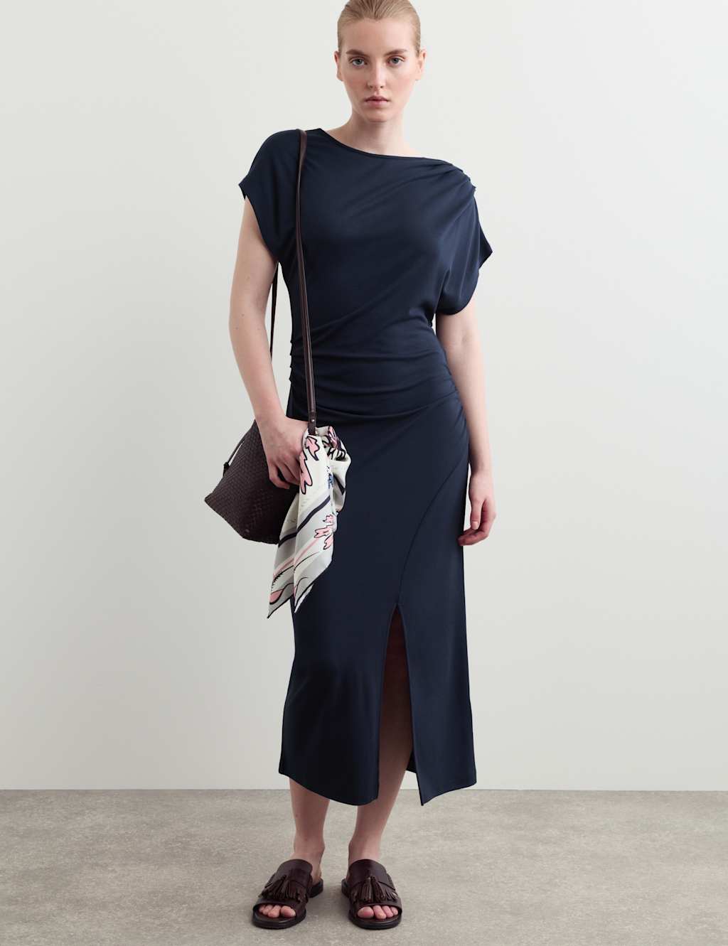 Jaeger Women's Jersey Ruched Midi Column Dress - 16 - Navy - By M&S