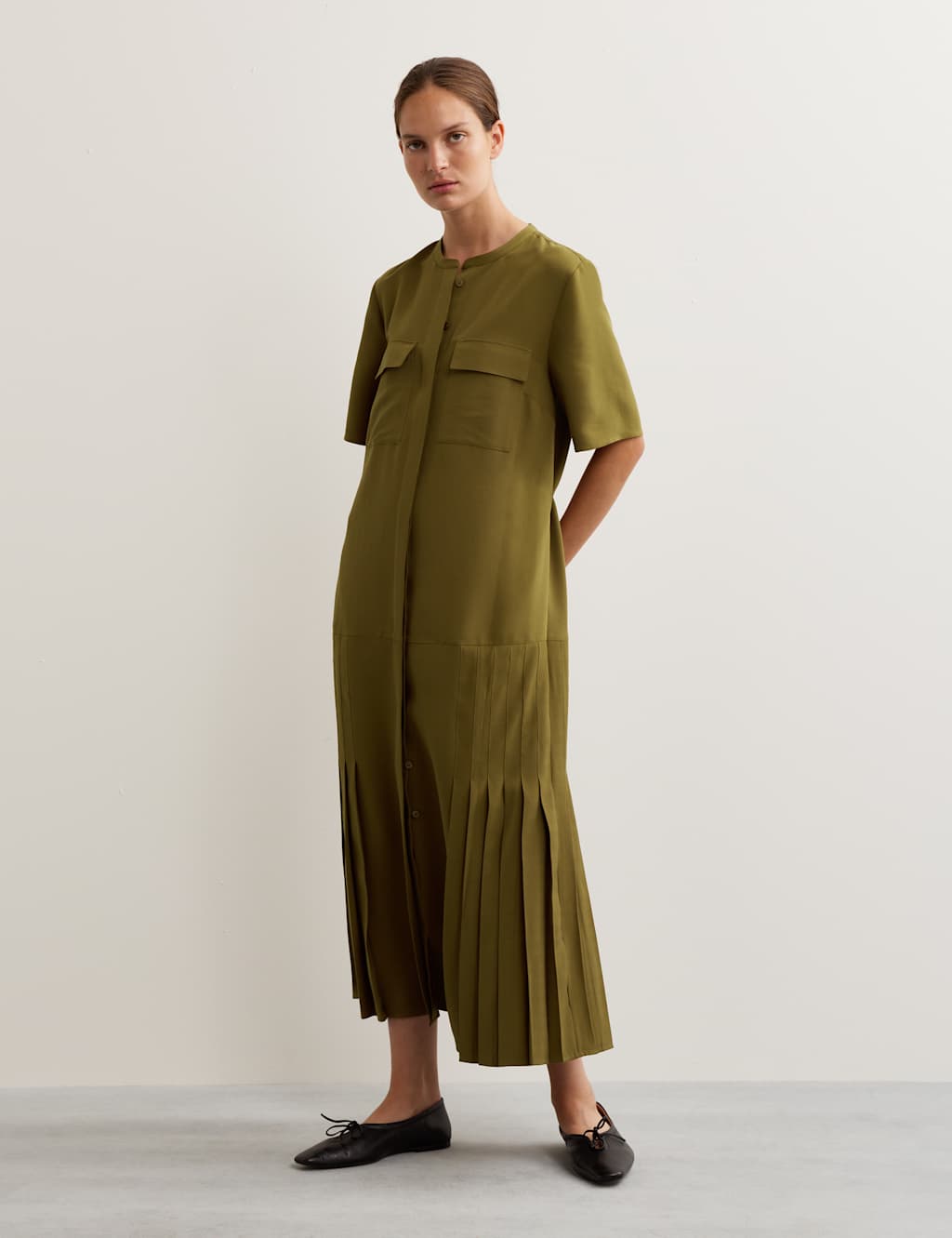 JAEGER Herringbone Collarless Tie Waist Pleated Midi Shirt Dress Khaki