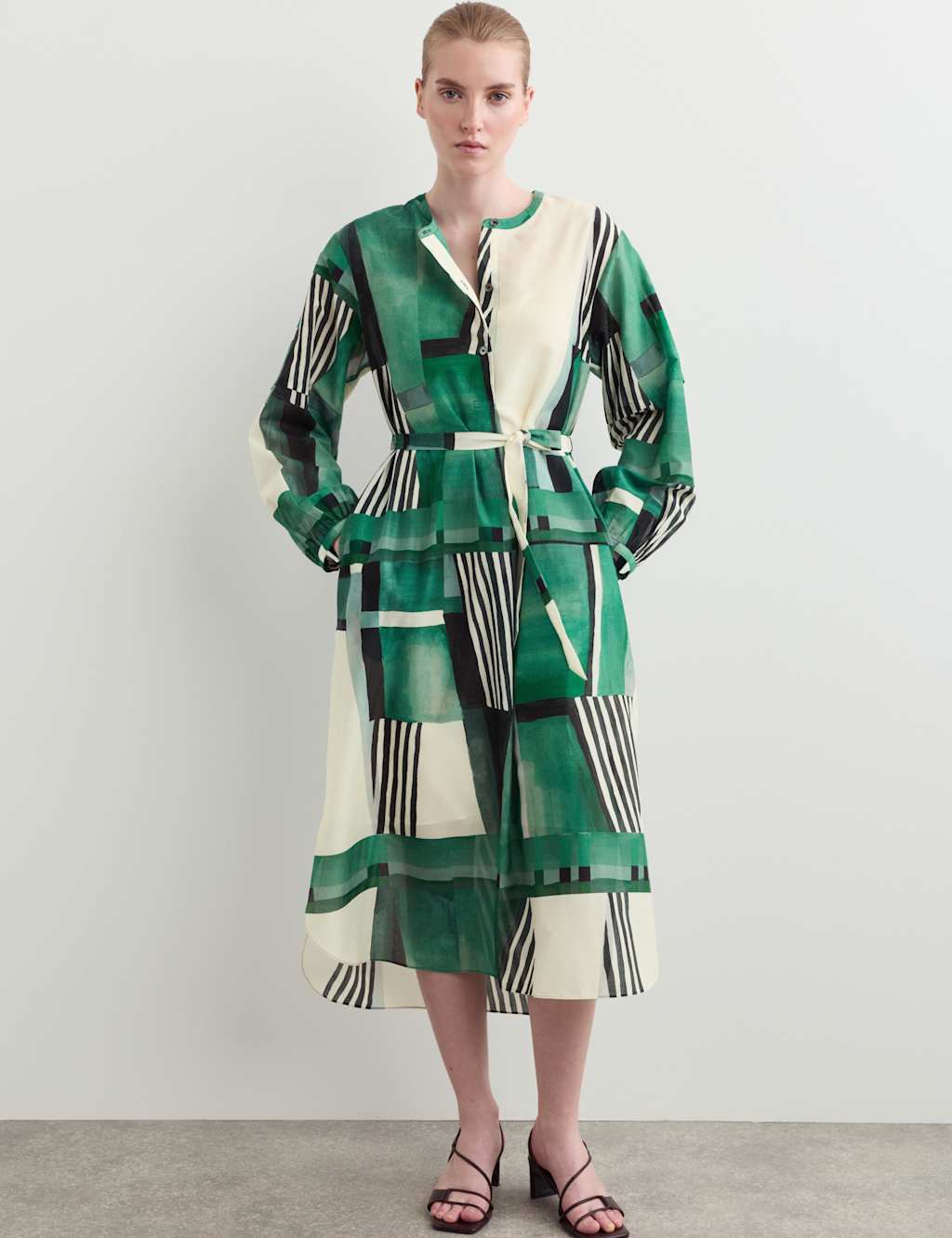 JAEGER Cotton Silk Blend Geometric Midi Shirt Dress Green Mix