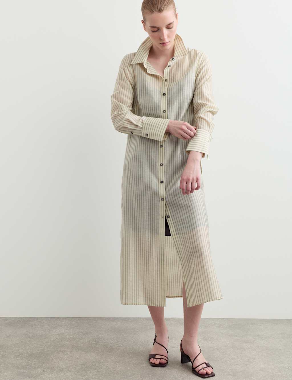Jaeger Women's Lyocell Rich Striped Midi Shirt Dress - 6 - Ivory Mix - By M&S