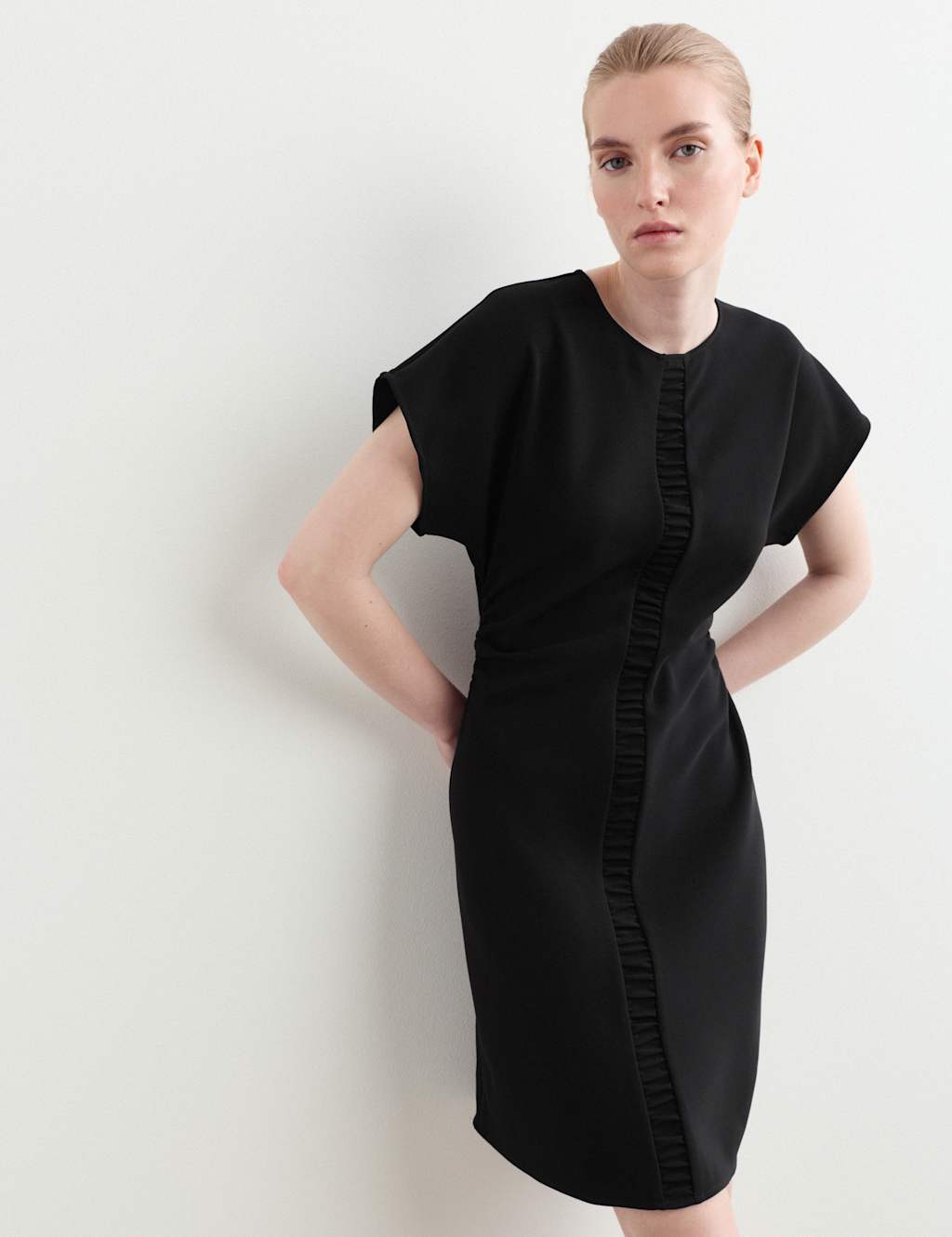 Jaeger Women's Crepe Ruched Short Waisted Dress - 6 - Black - By M&S