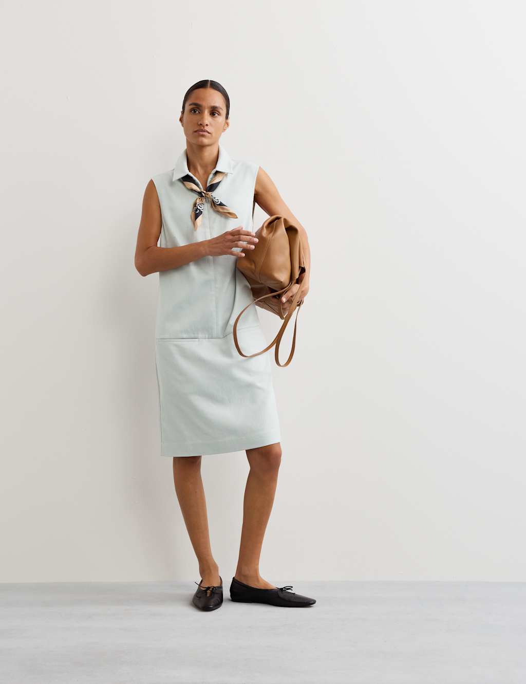 JAEGER Cotton Rich Denim Drop Waist Shift Dress Pale Blue