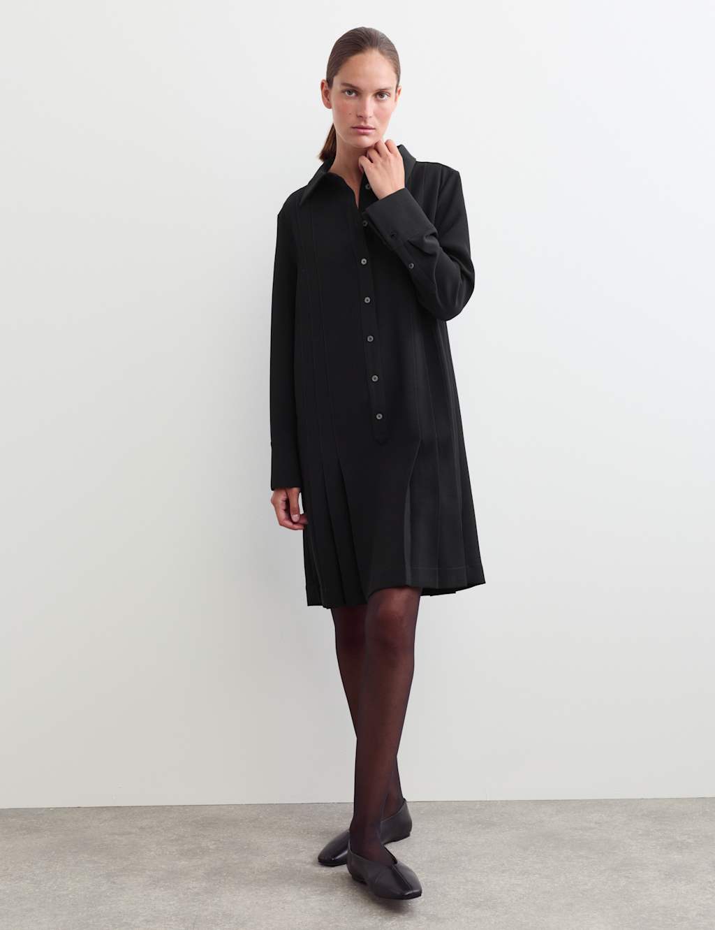 Jaeger Women's Crepe Pleated Button Front Shirt Dress - 10 - Black - By M&S