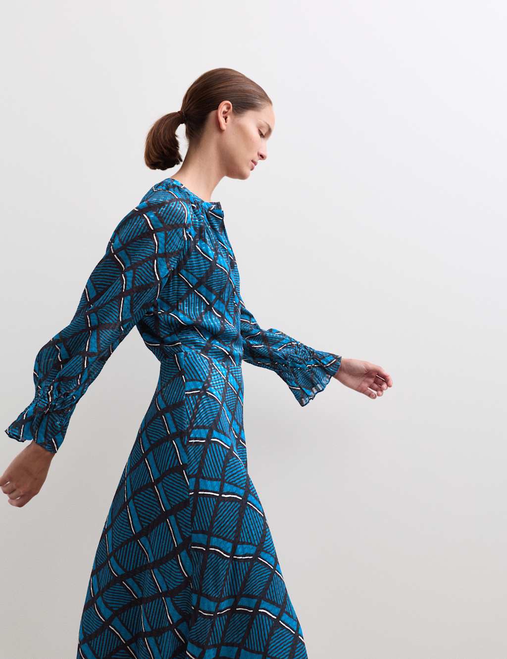 JAEGER Checked Round Neck Midi Skater Dress Blue Mix