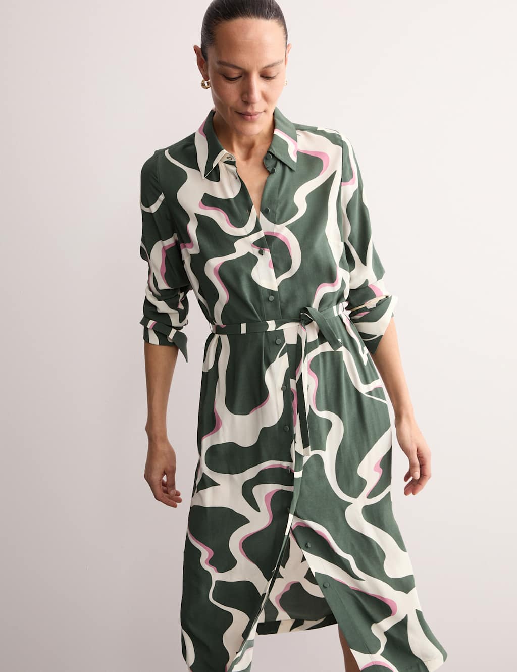 Printed Belted Midi Shirt Dress