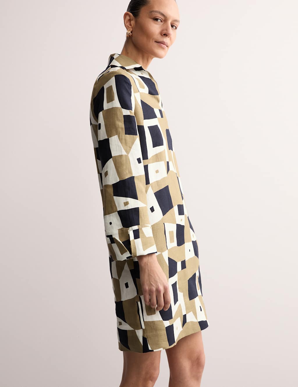 Pure Linen Printed Collared Shift Dress