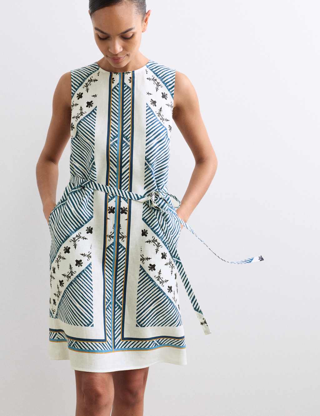 Jaeger Women's Pure Linen Printed Knee Length Shift Dress - 18 - Blue Mix - By M&S