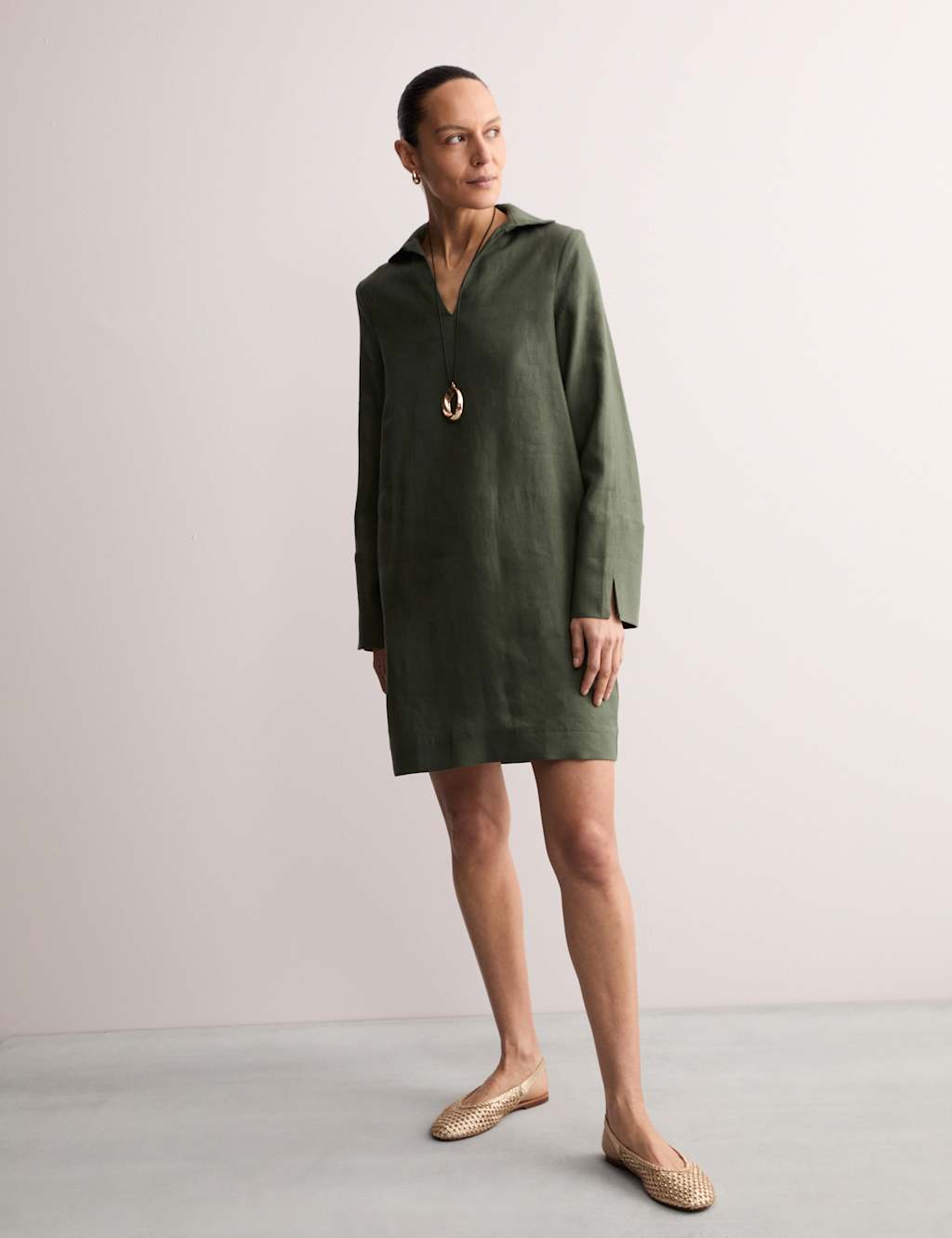 Pure Linen Collared Short Shift Dress