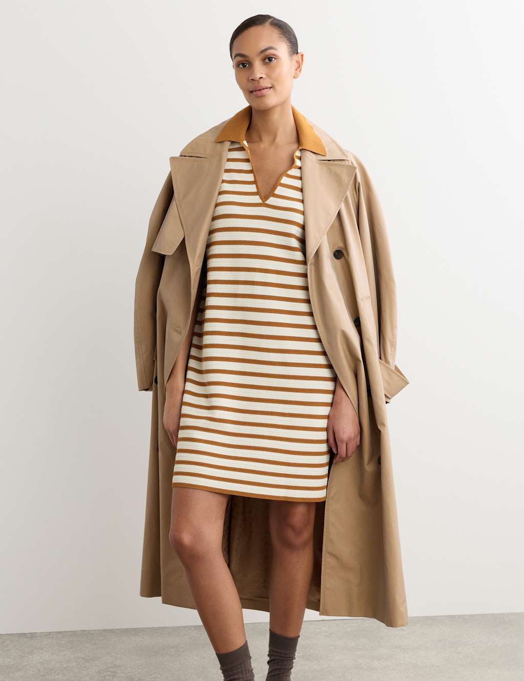 Jaeger Women's Cotton Blend Knitted Striped V-Neck Dress - Small - Ivory Mix - By M&S