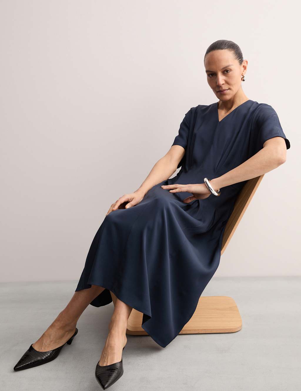 V-Neck Pintuck Midi Waisted Dress