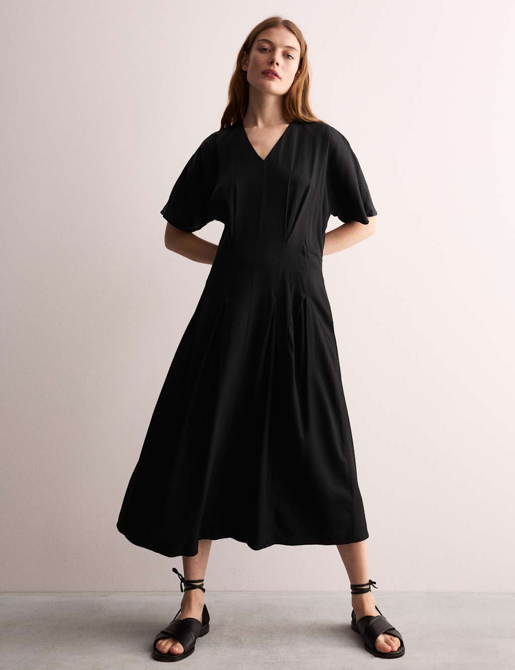 V-Neck Pintuck Midi Waisted Dress