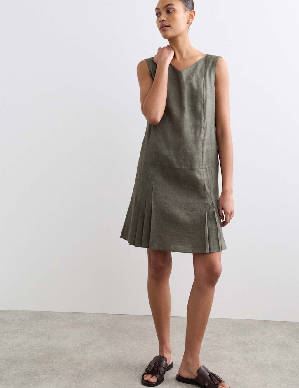 Jaeger Women's Linen Blend V-Neck Knee Length Shift Dress - 6 - Dark Green - By M&S
