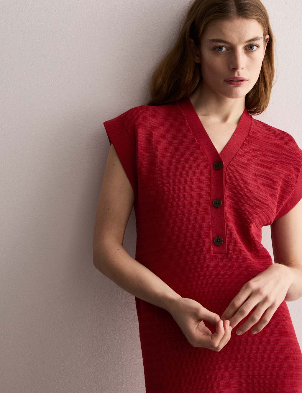 Cotton Blend Knitted V-Neck Midi Dress