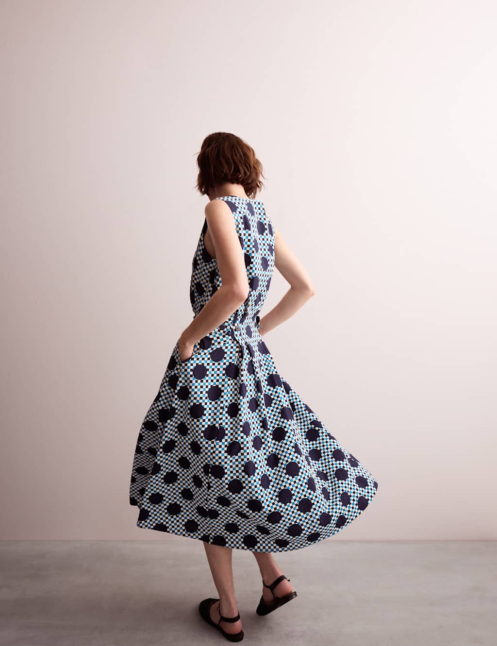 Cotton Blend Gingham Spot Print Midi Dress