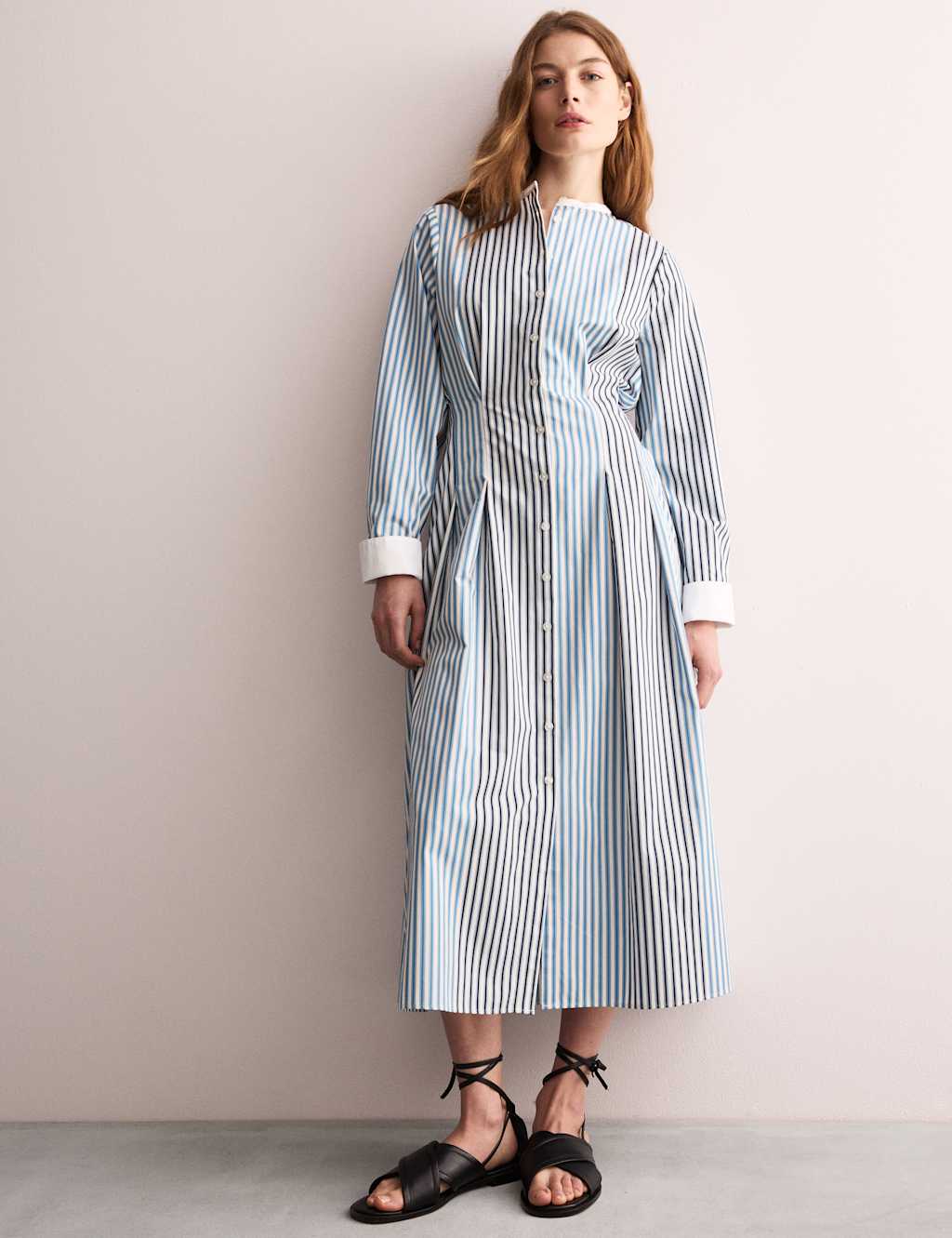 Pure Cotton Striped Midi Waisted Dress