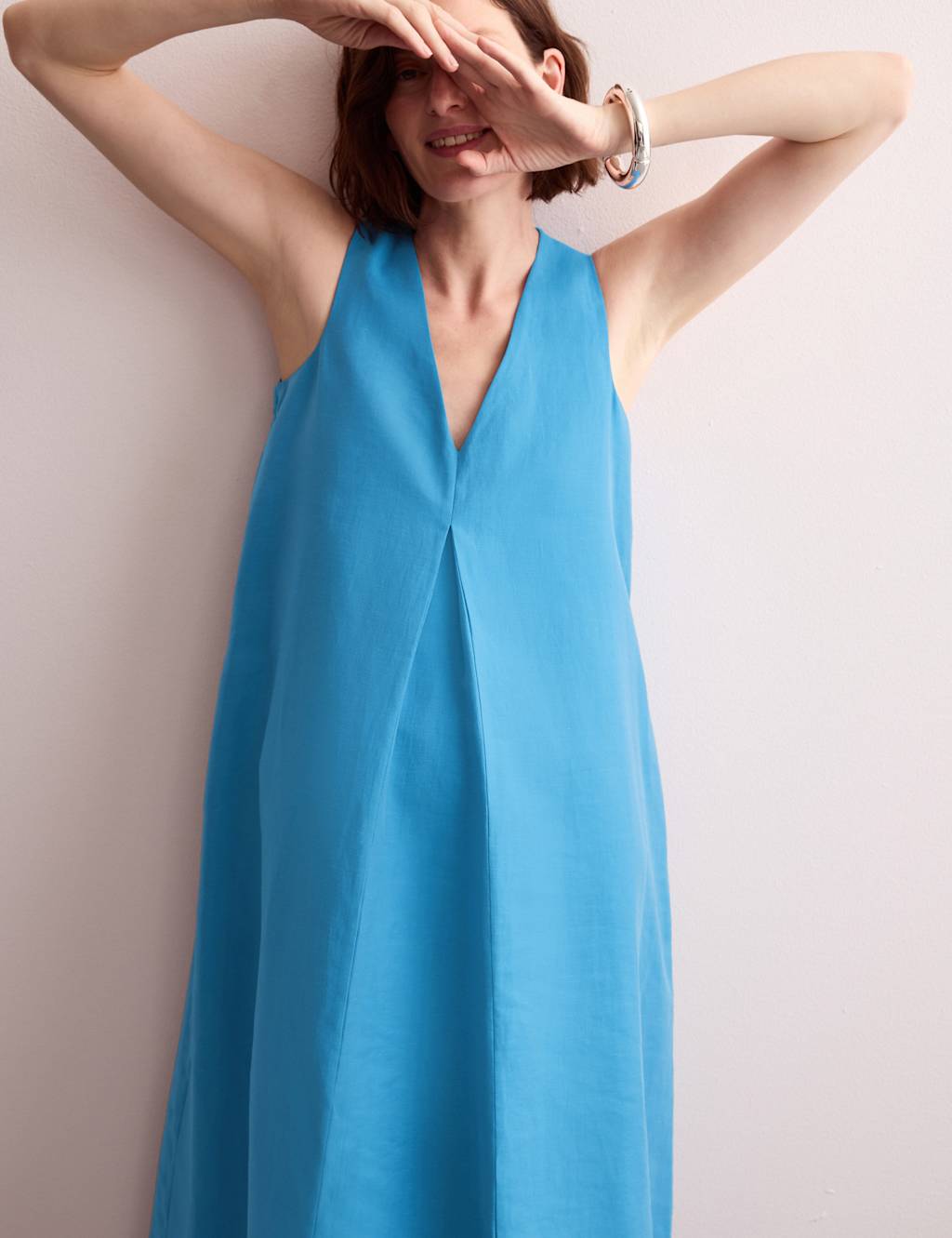 Linen Rich Shimmer V-Neck Midi Dress