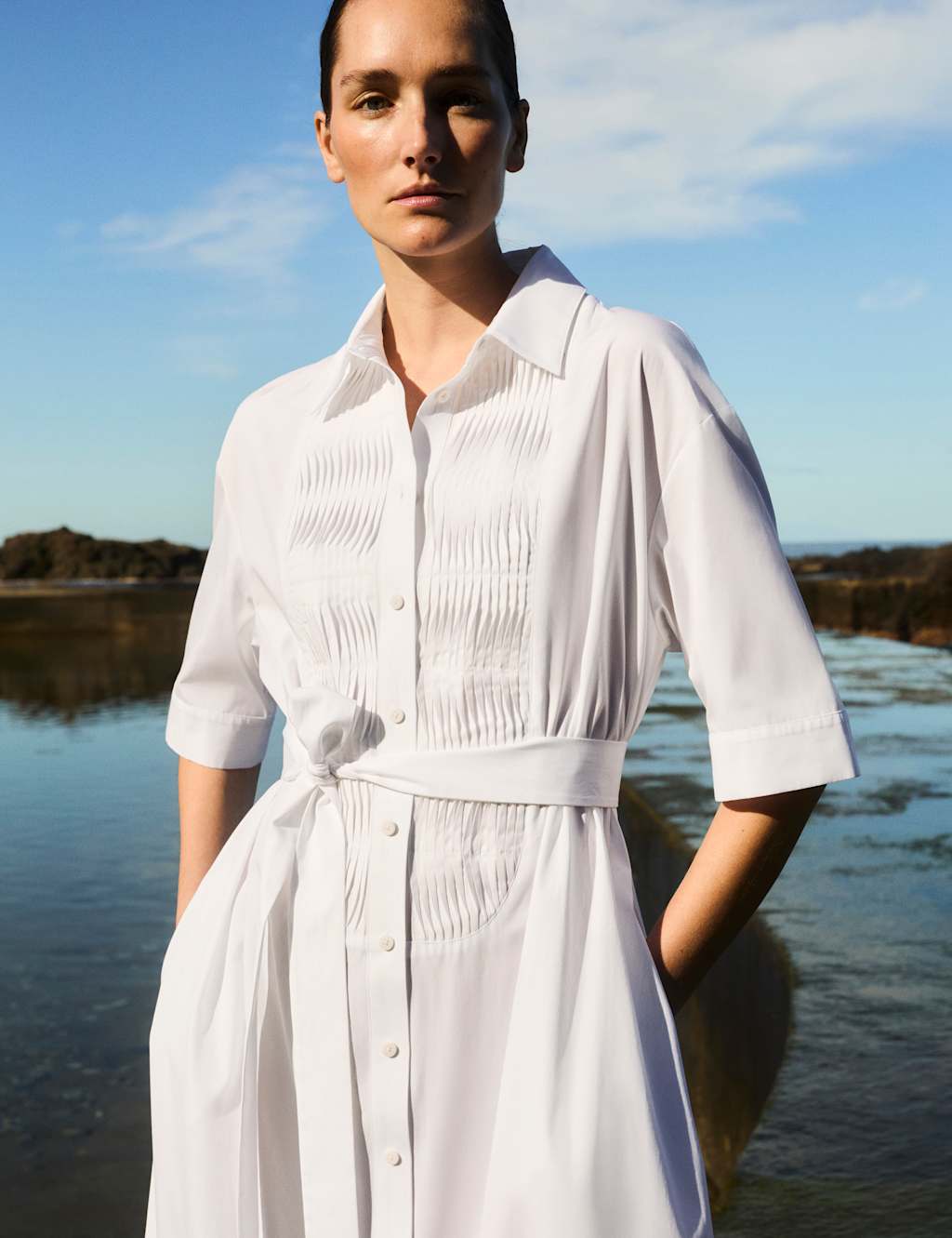 Jaeger Women's Pure Cotton Belted Relaxed Midi Shirt Dress - 14 - Ivory - By M&S