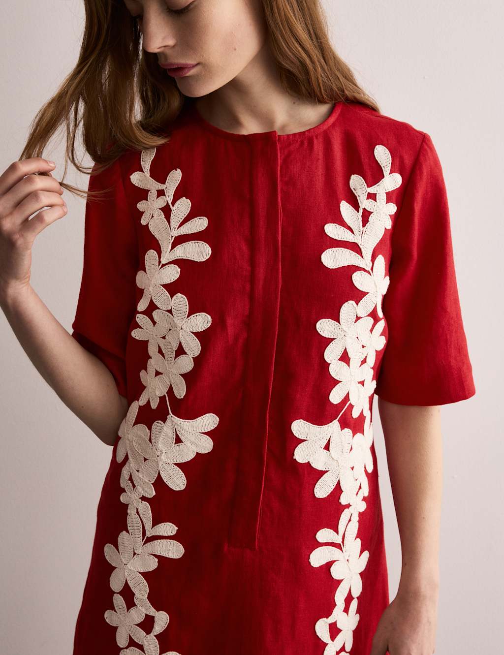 Pure Linen Embroidered Mini Shift Dress