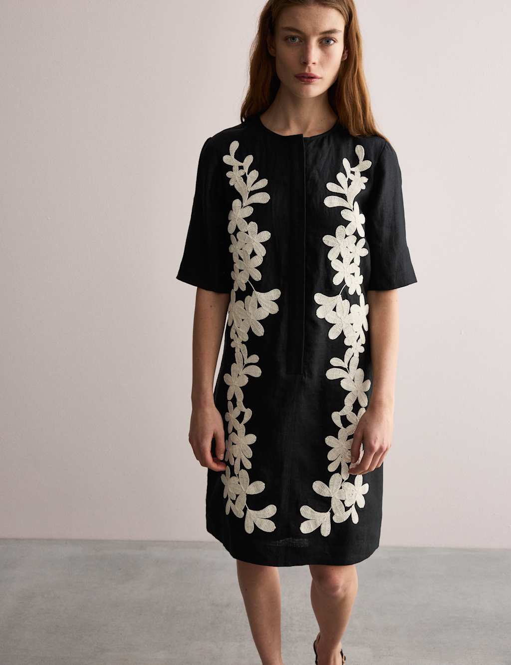 Pure Linen Embroidered Mini Shift Dress