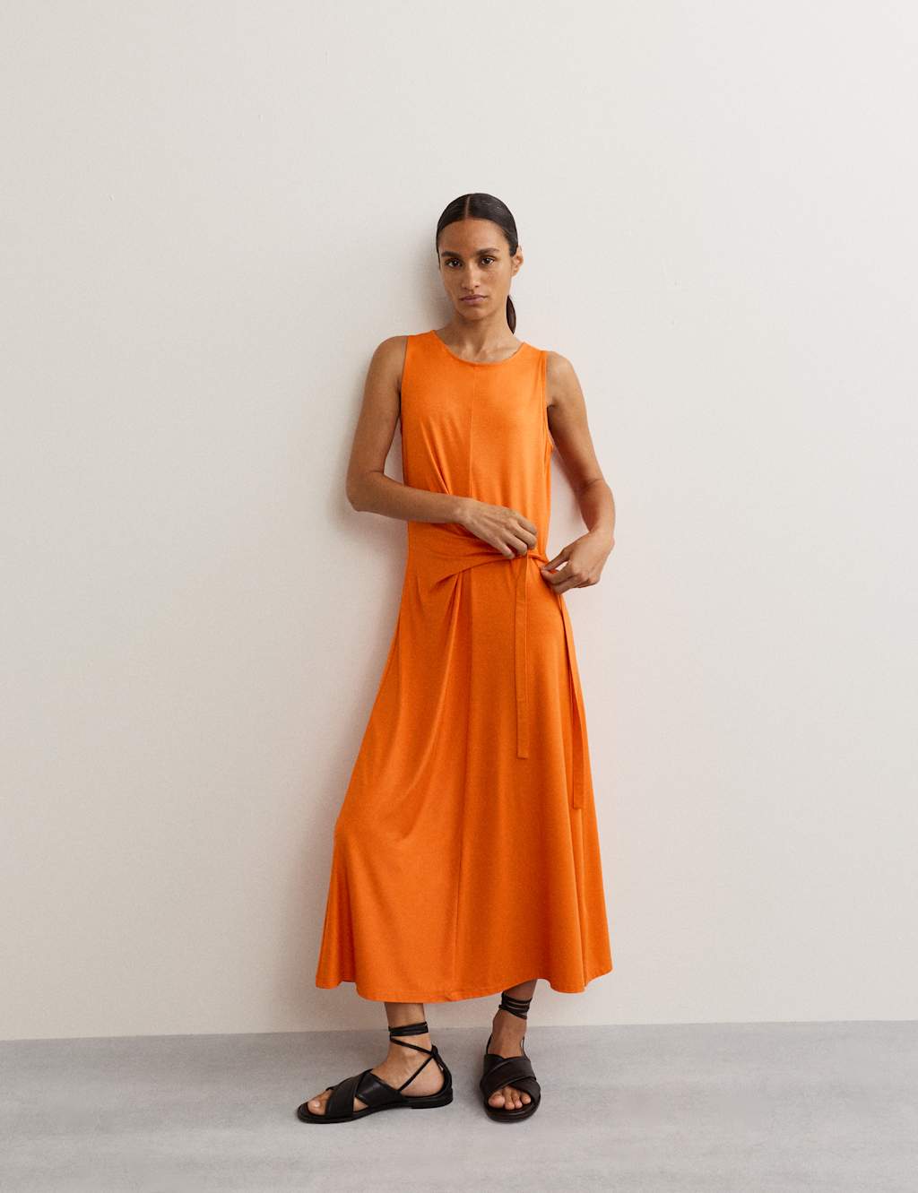 JAEGER Jersey Tie Waist Midi Waisted Dress Orange