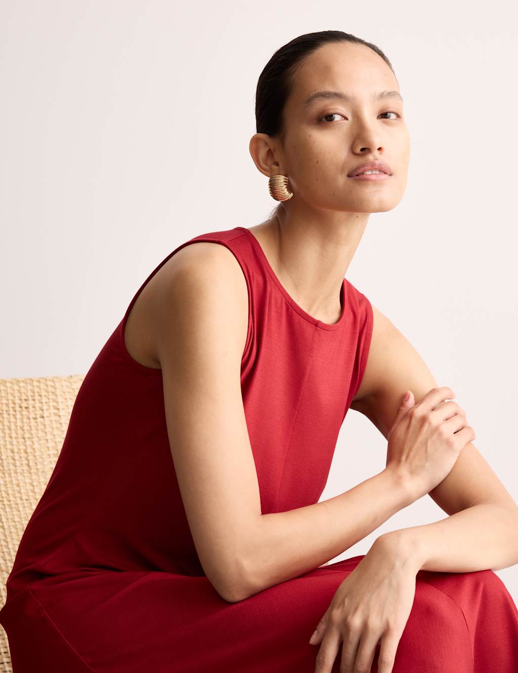 JAEGER Jersey Tie Waist Midi Waisted Dress Claret