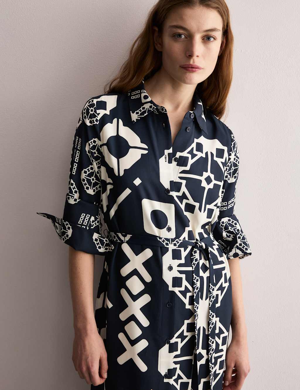 Geometric Collared Belted Midi Shirt Dress