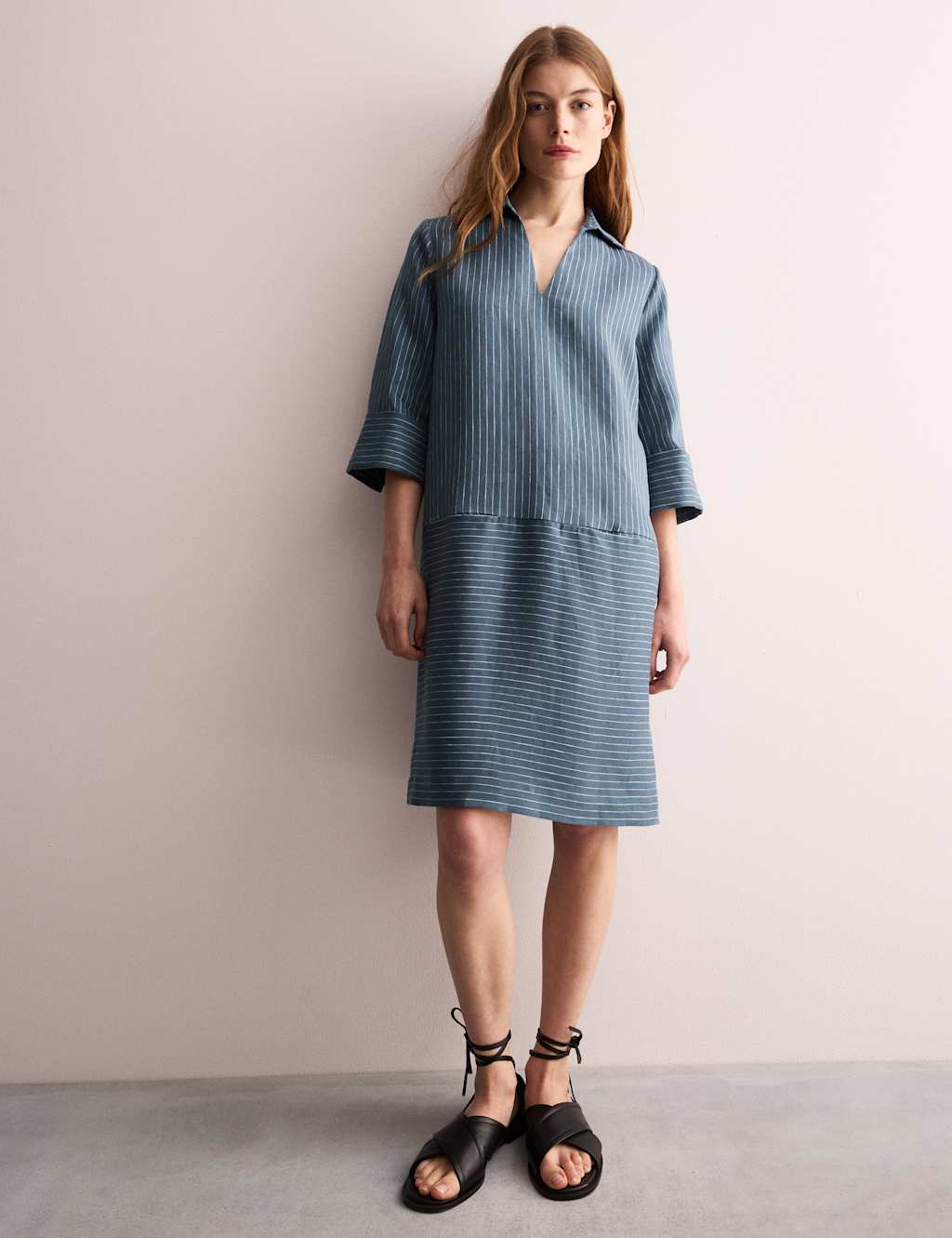 Pure Linen Striped Knee Length Shirt Dress
