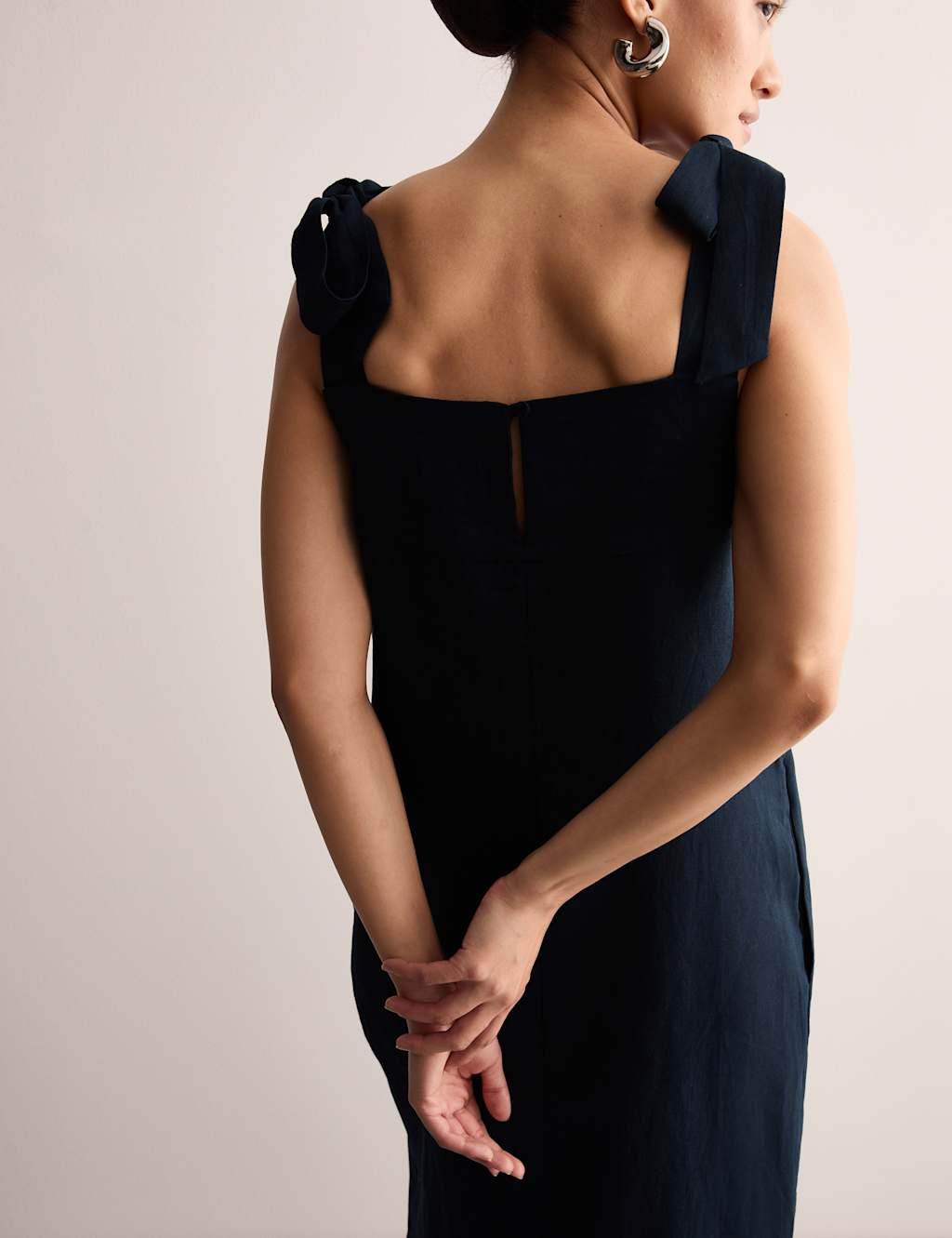 Pure Linen Square Neck Tie Strap Midi Slip Dress