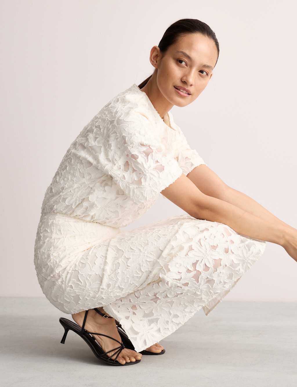 Jaeger Women's Cotton Rich Jacquard T-Shirt Co-ord - 14 - Ivory, Ivory